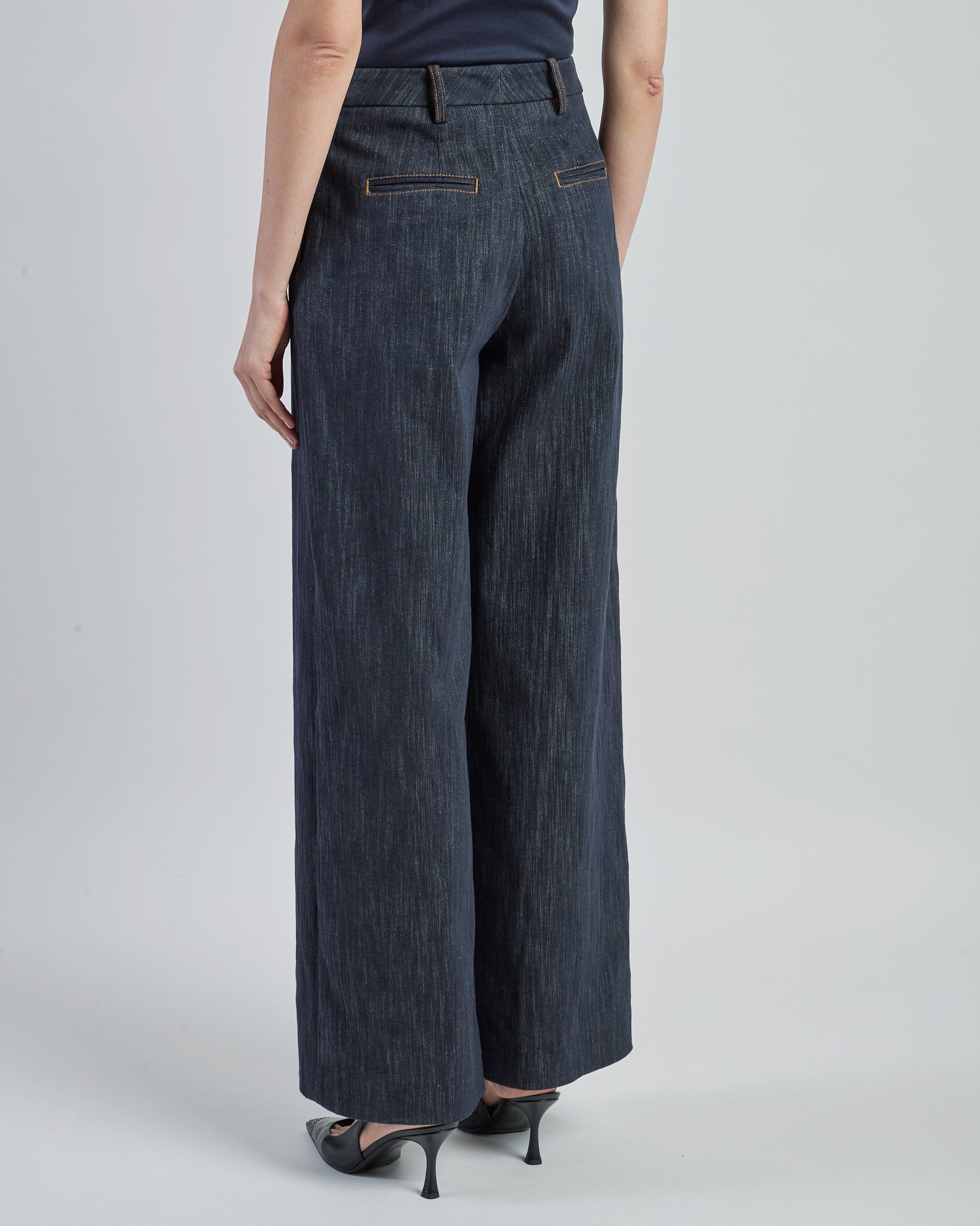 Flared Cotton Trousers with Denim Effect and Lurex