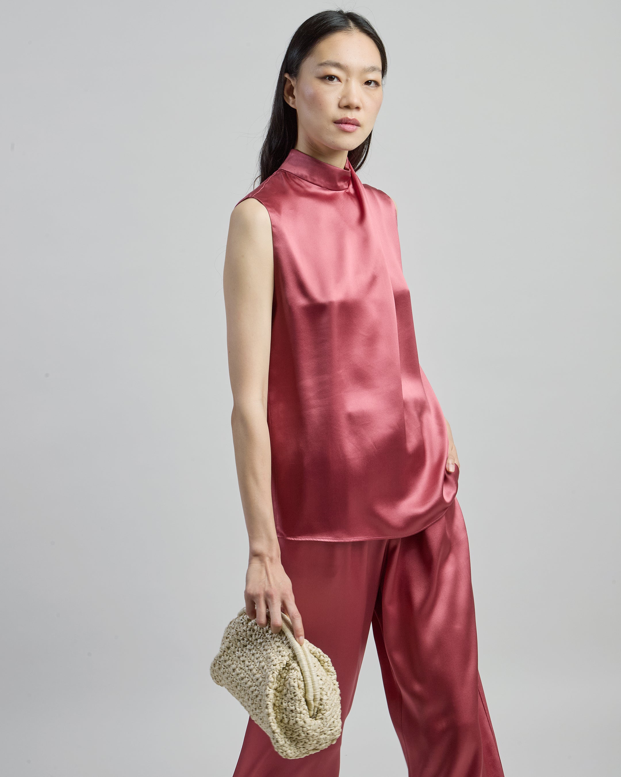 Women's Sleeveless Double Silk Satin Crossover Neck Top