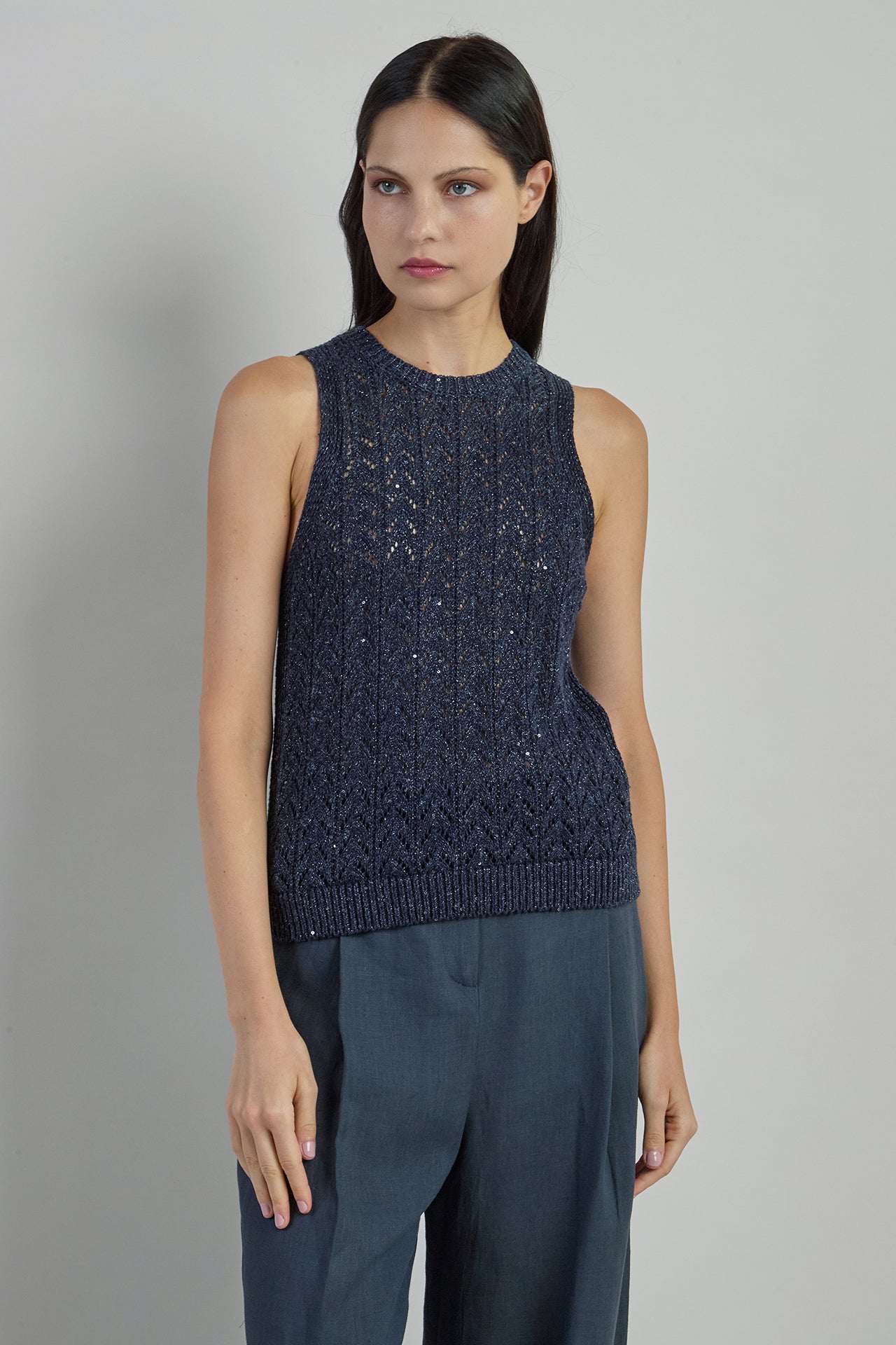 Cotton Linen Sleeveless Sweater with Sequin Details
