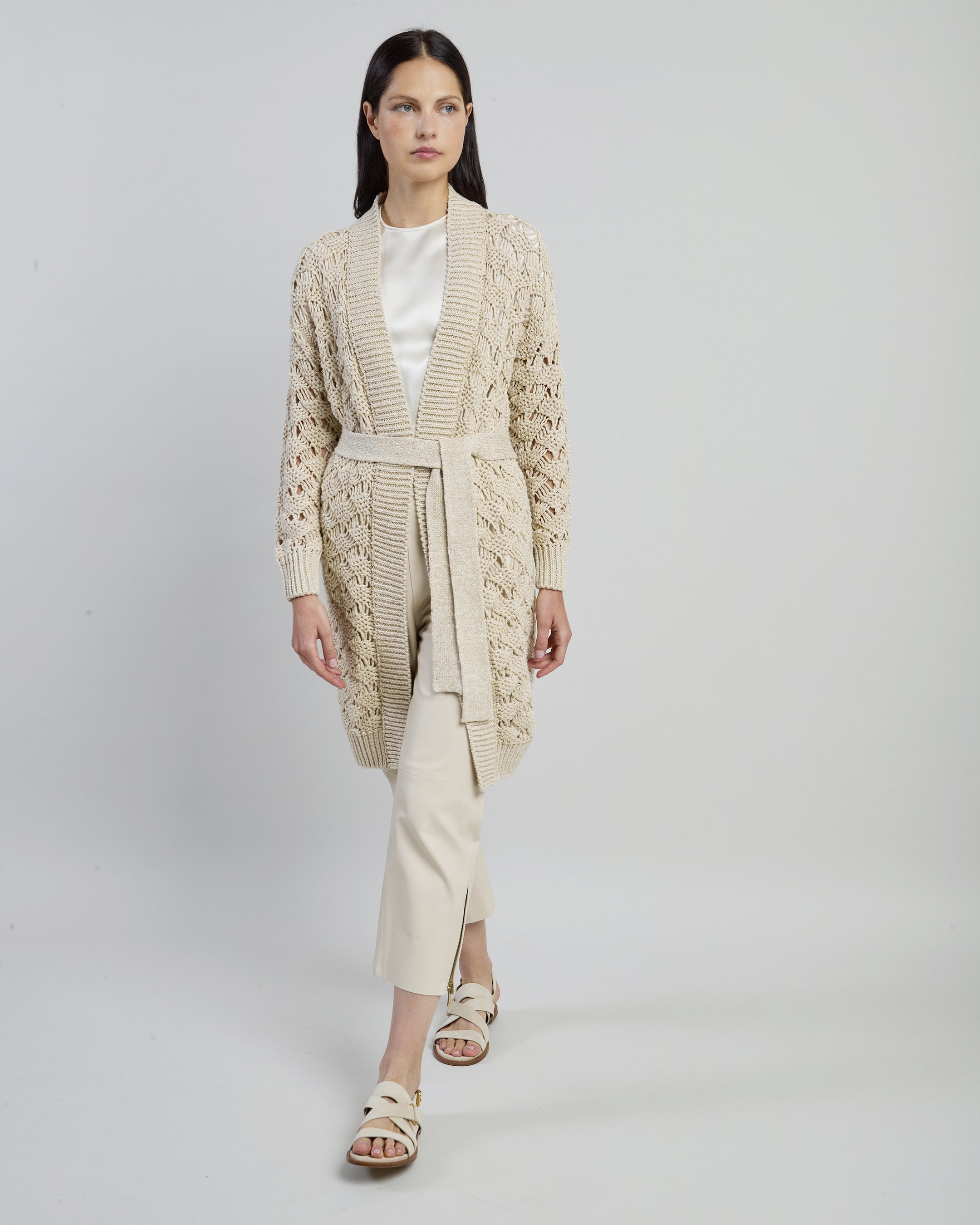 Women's Long Linen Cotton and Silk Cardigan with Belt
