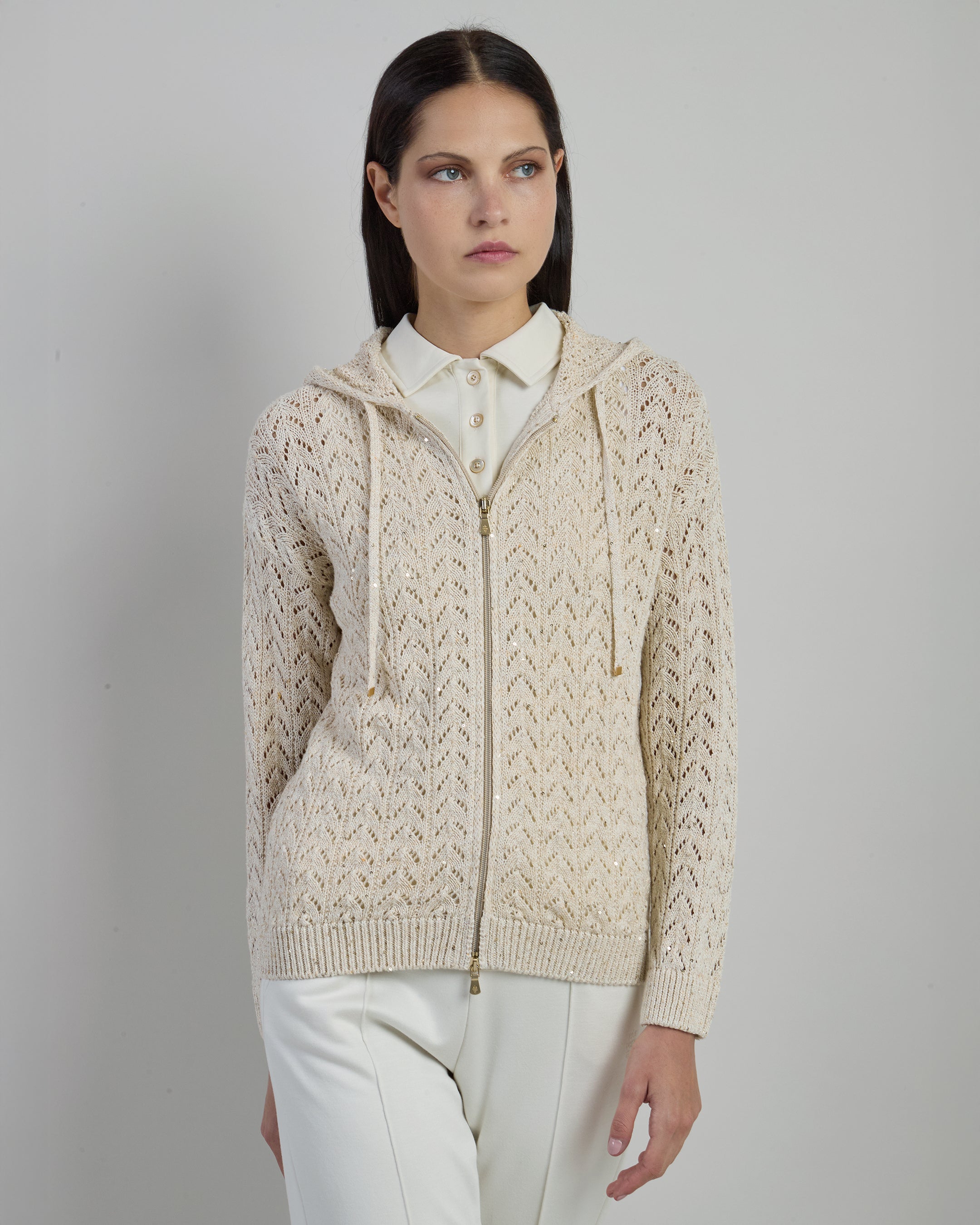 Full Zip Cotton Linen Hooded Sweater with Sequins