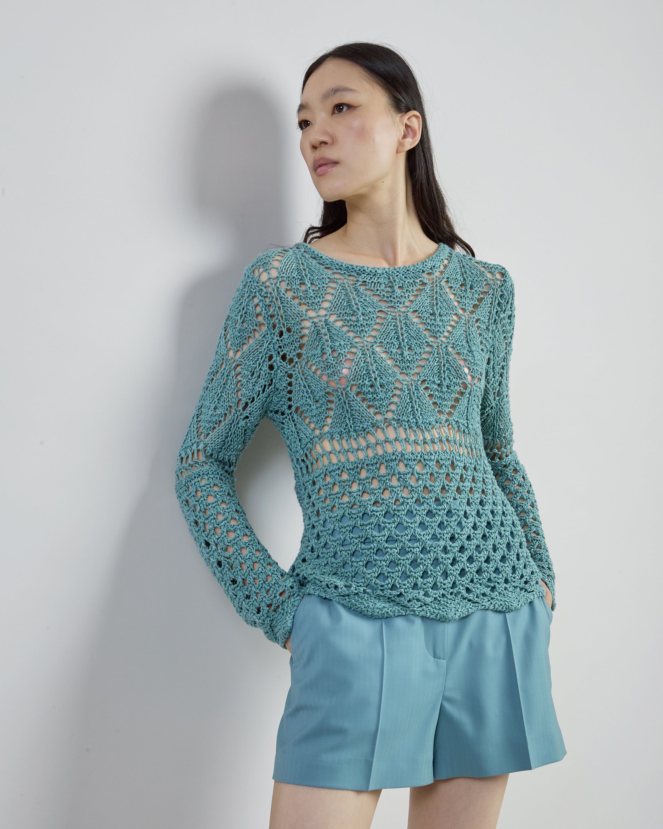 Maglia Girocollo in Lino e Seta con Effetto Microbouclé