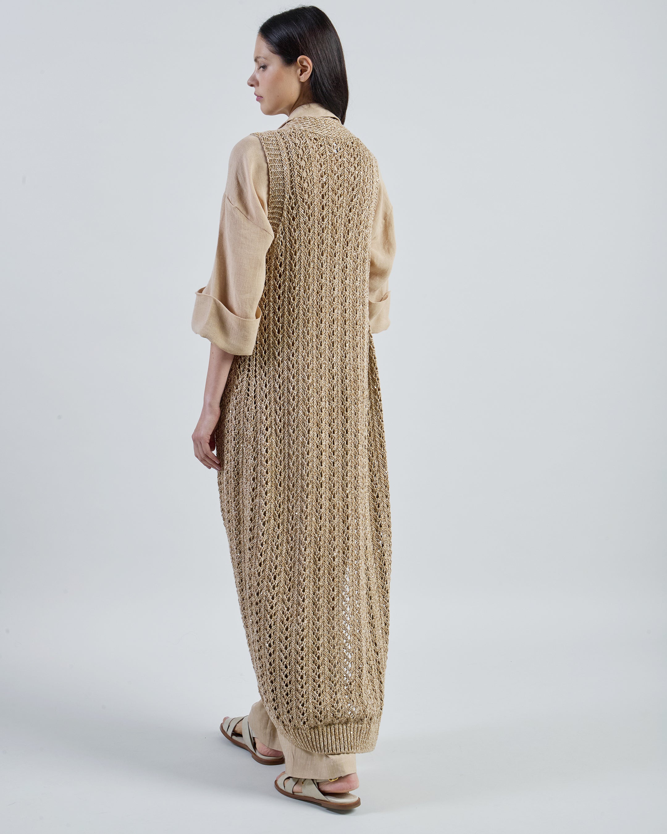 Long Cotton and Linen Cardigan with Sequin Details