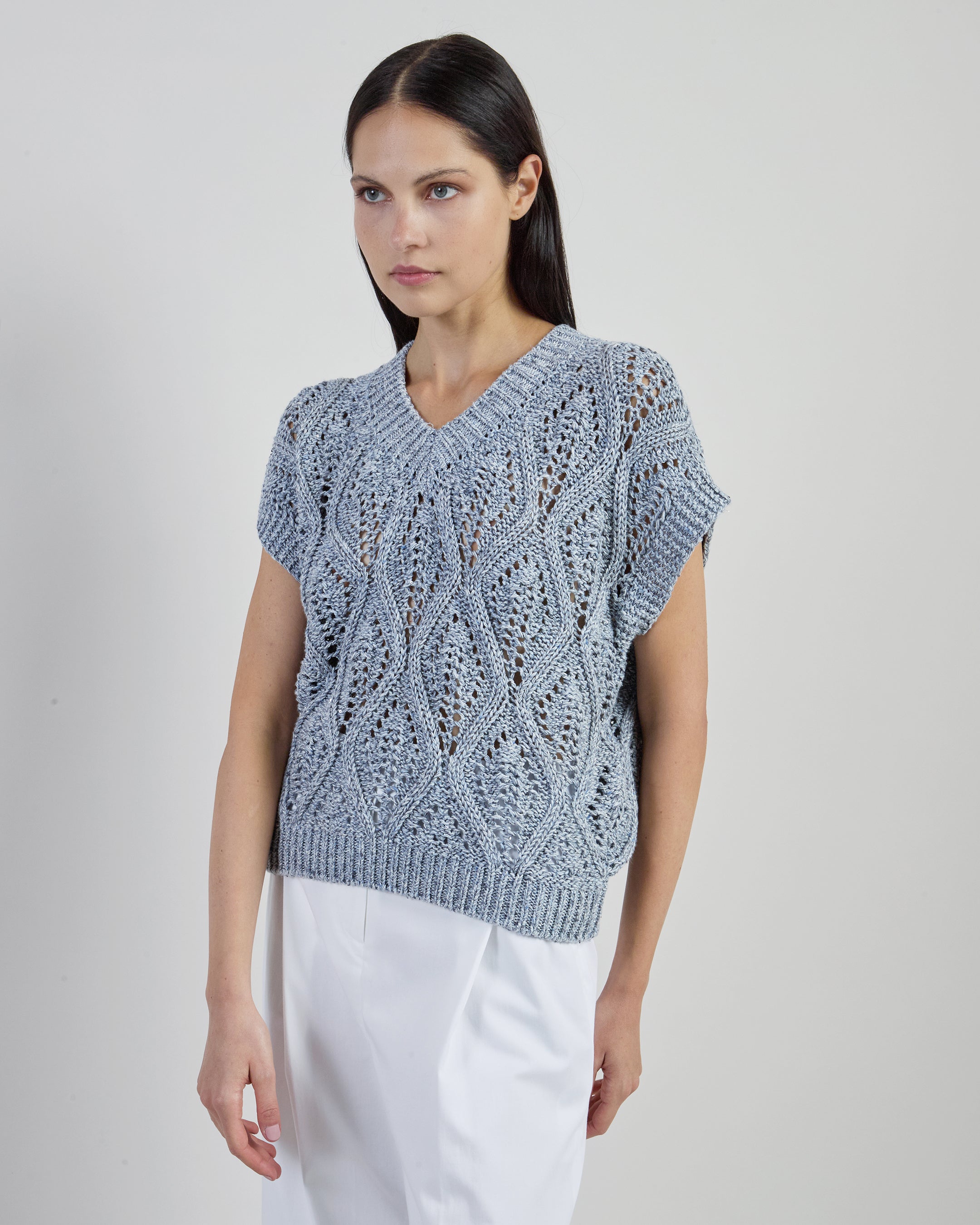 Women's V-Neck Cotton and Linen Sweater with Sequins