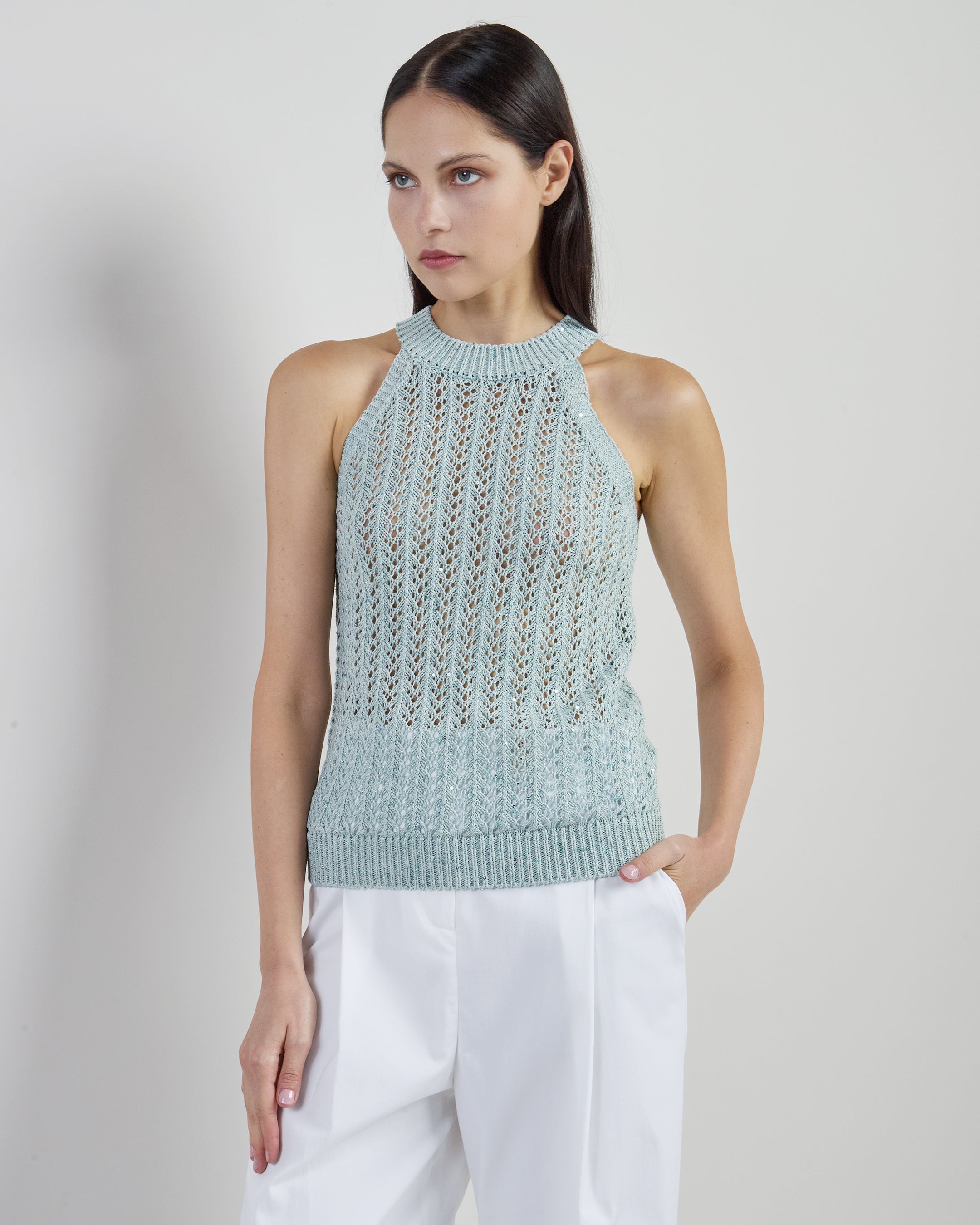 Cotton Linen Sleeveless Sweater with Sequin Details