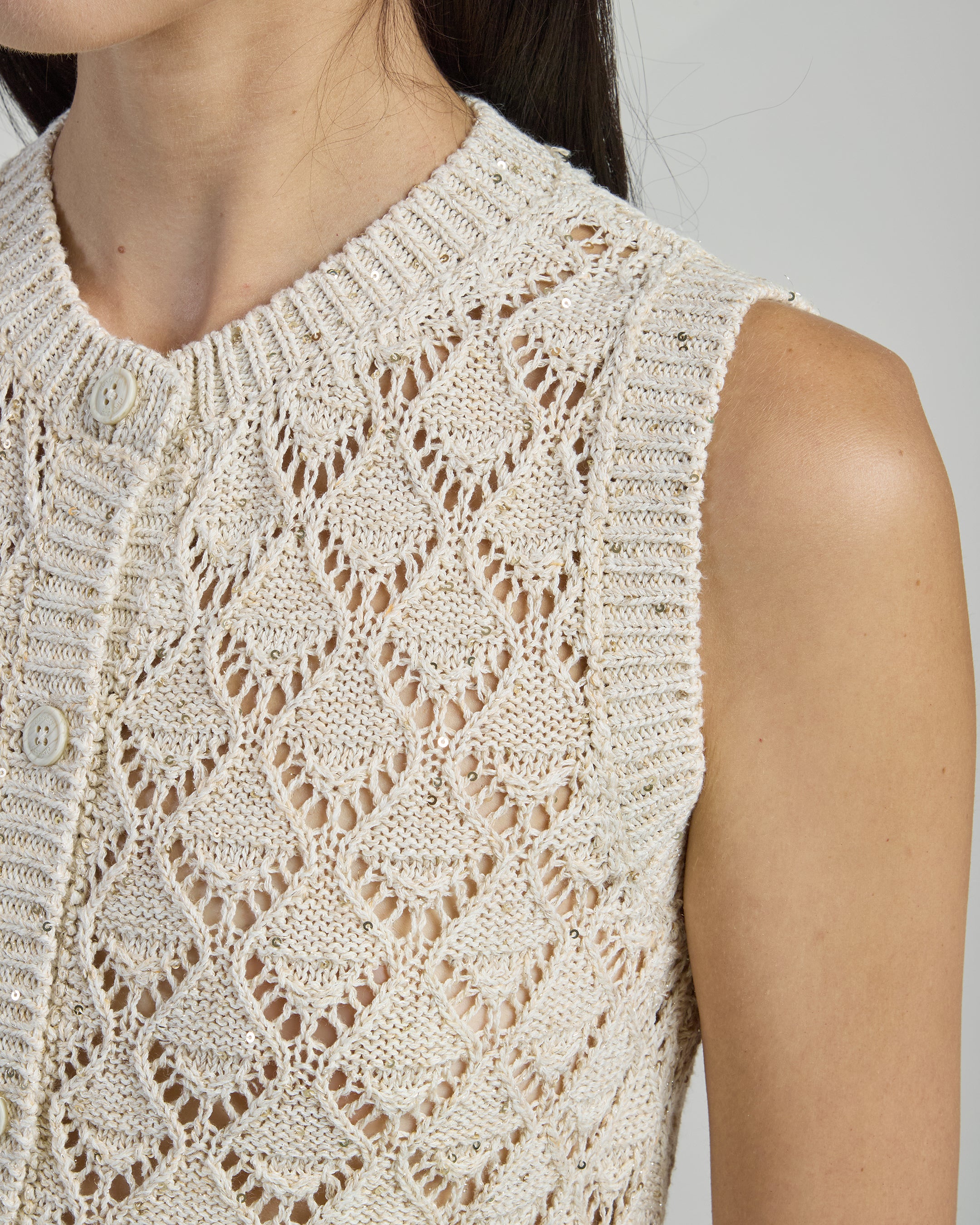 Women's Cotton Linen Sleeveless Cardigan with Sequins