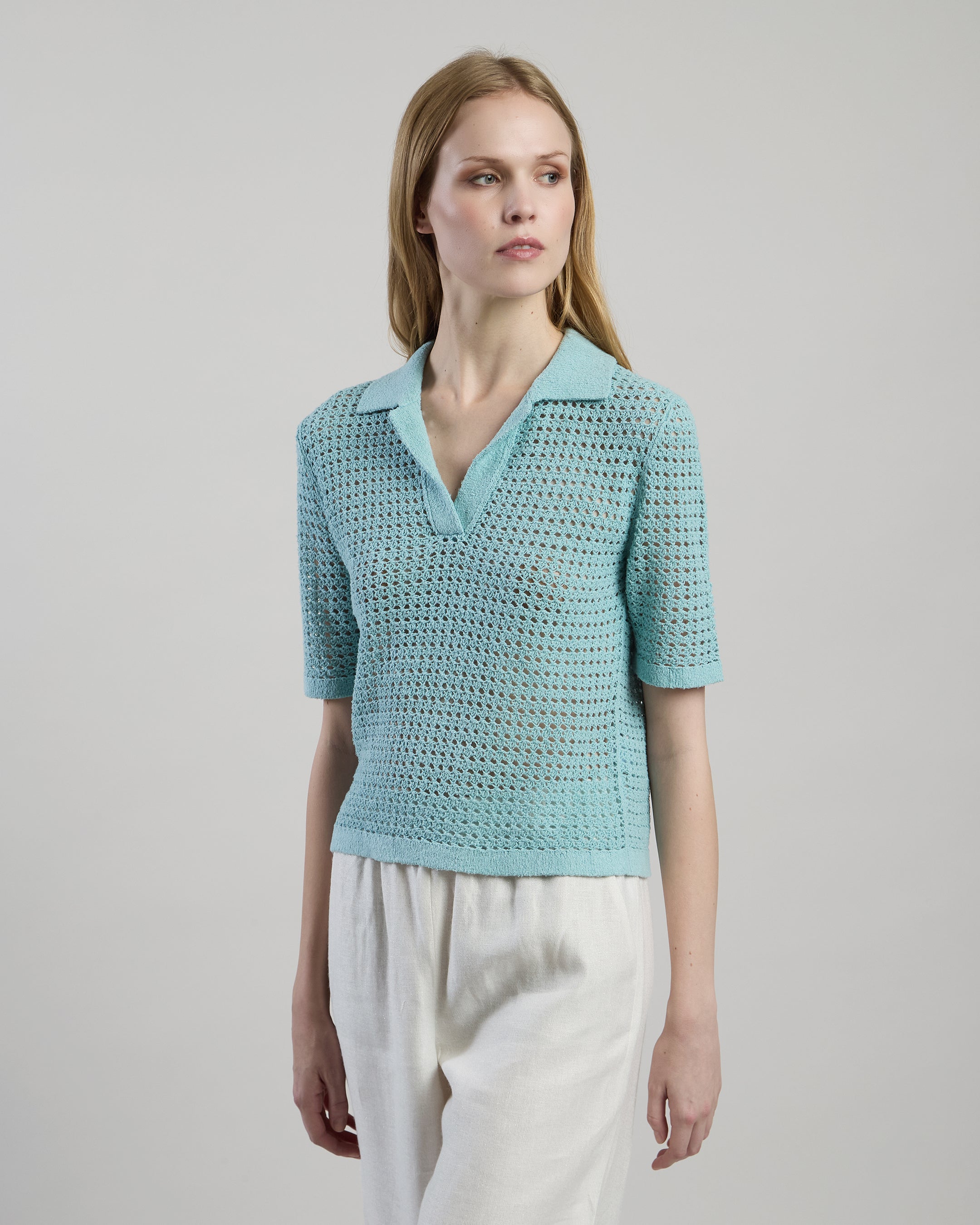 Women's Short-Sleeved Silk Bouclé Knit Polo Shirt