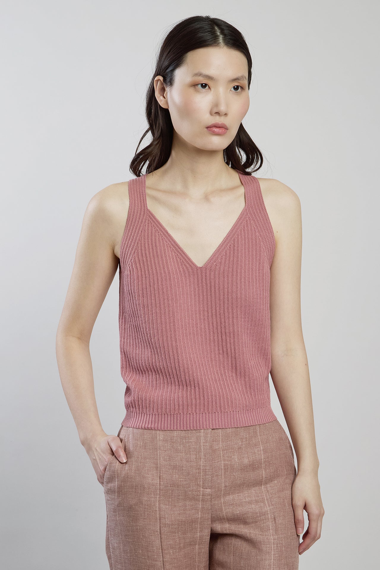 Organic Cotton V-Neck Top with Two-Tone Micro Rib