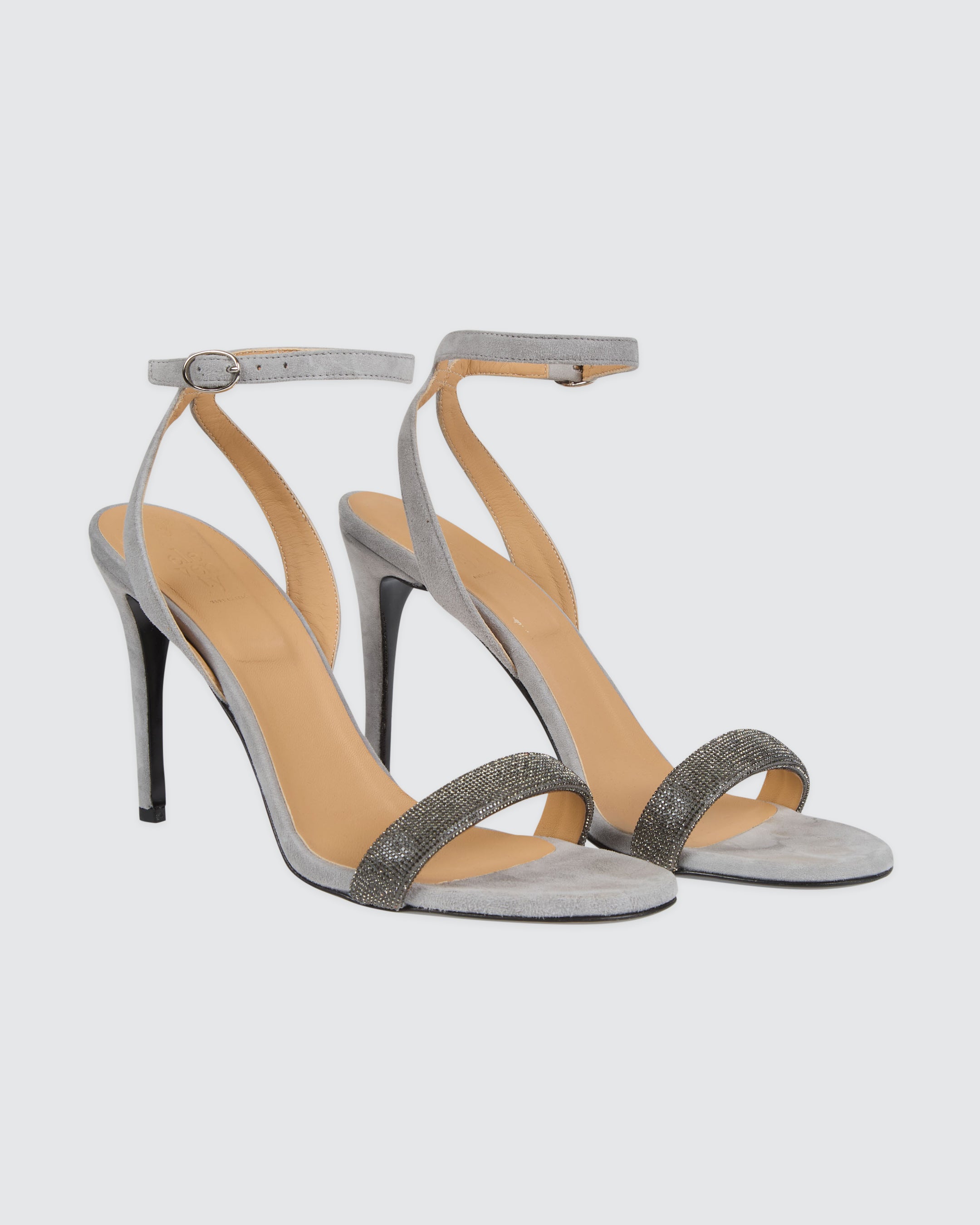 Suede Heeled Sandals with Rhinestone Band
