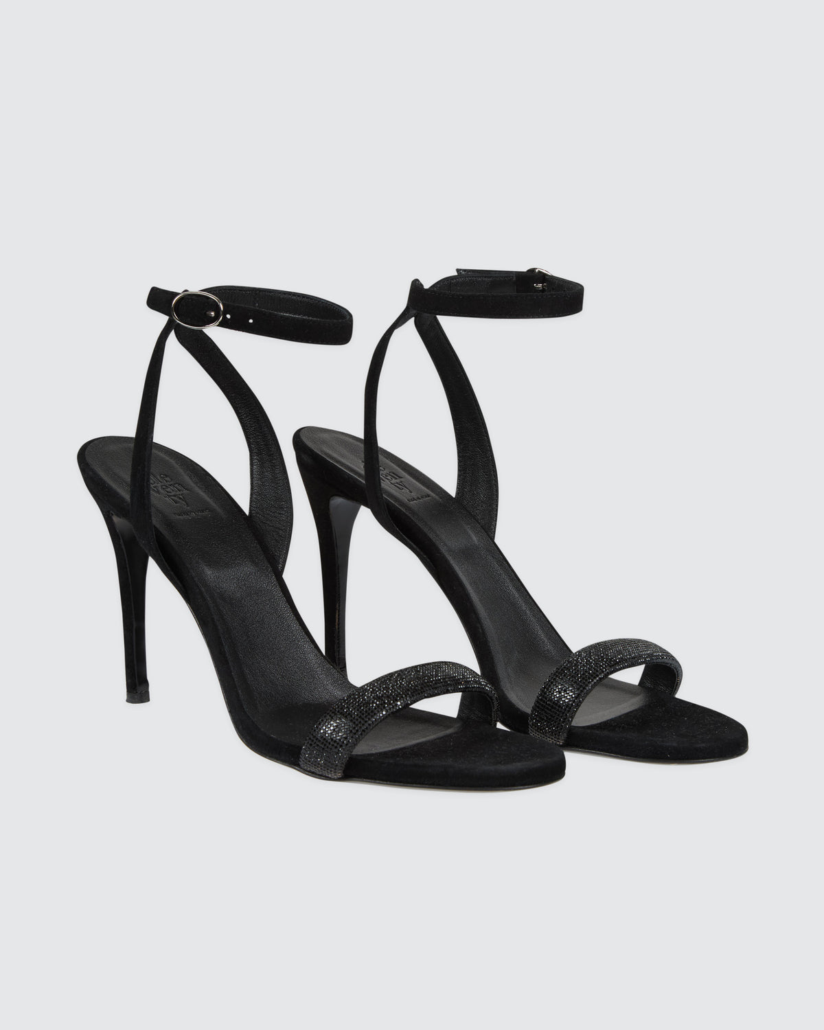 Suede Heeled Sandals with Rhinestone Band