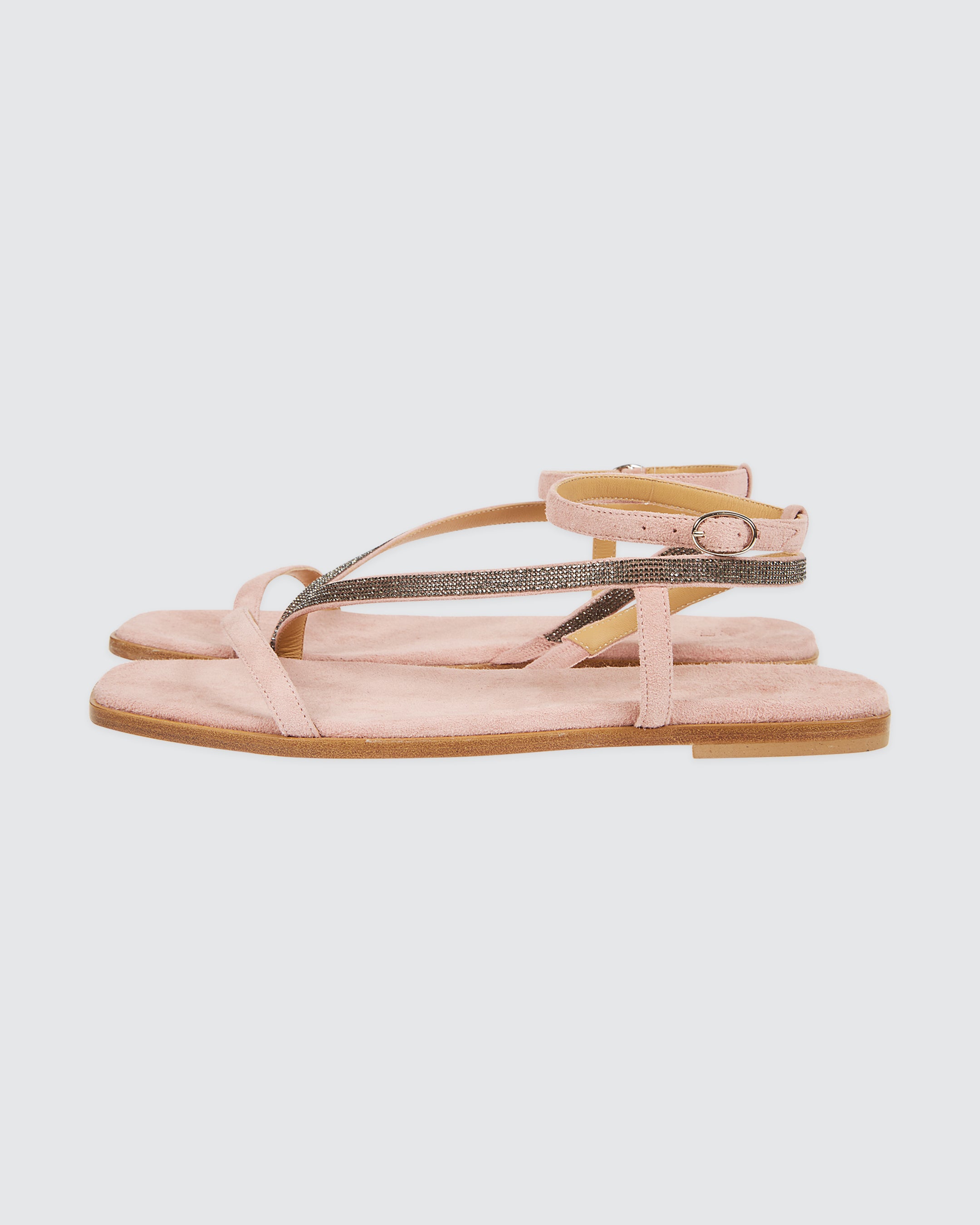 Women's Suede Flat Sandals with Rhinestone Straps