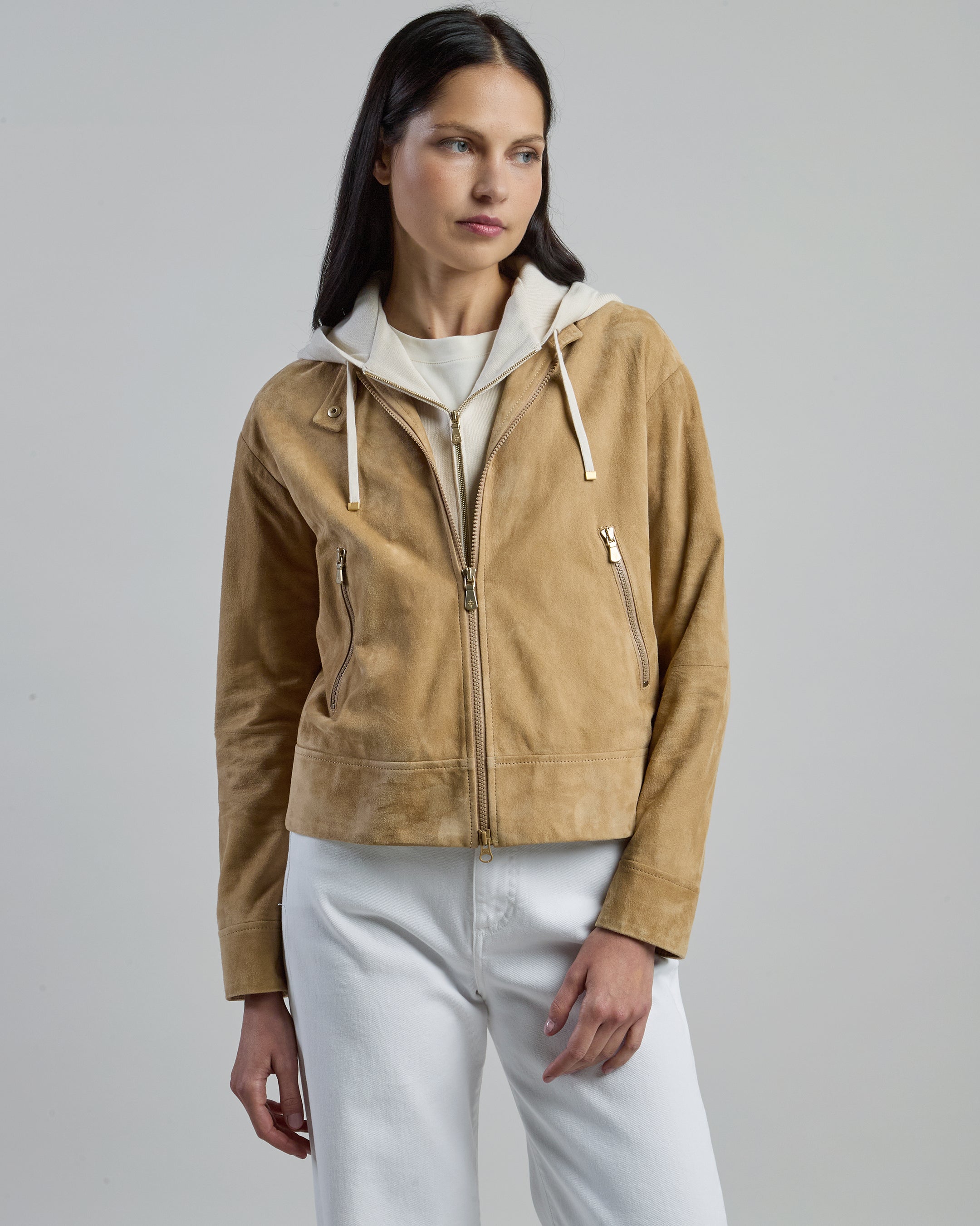 Women's Suede Biker Jacket with Detachable Hood