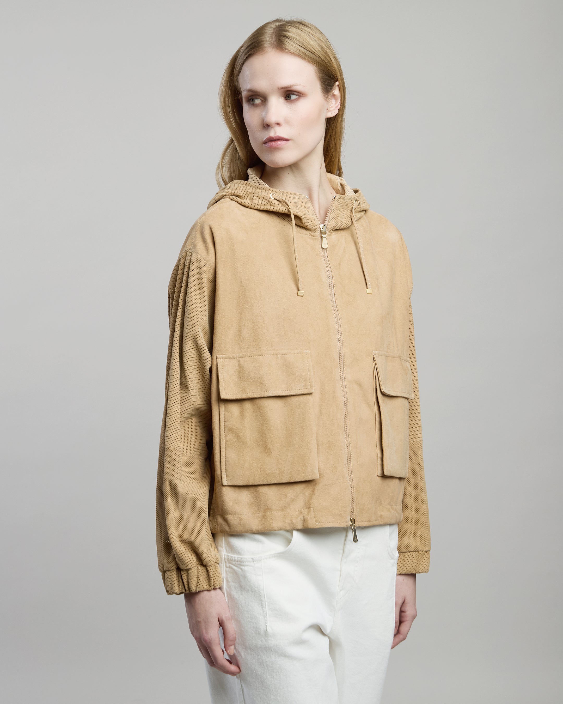 Women's Hooded Suede Leather Jacket in Lambskin