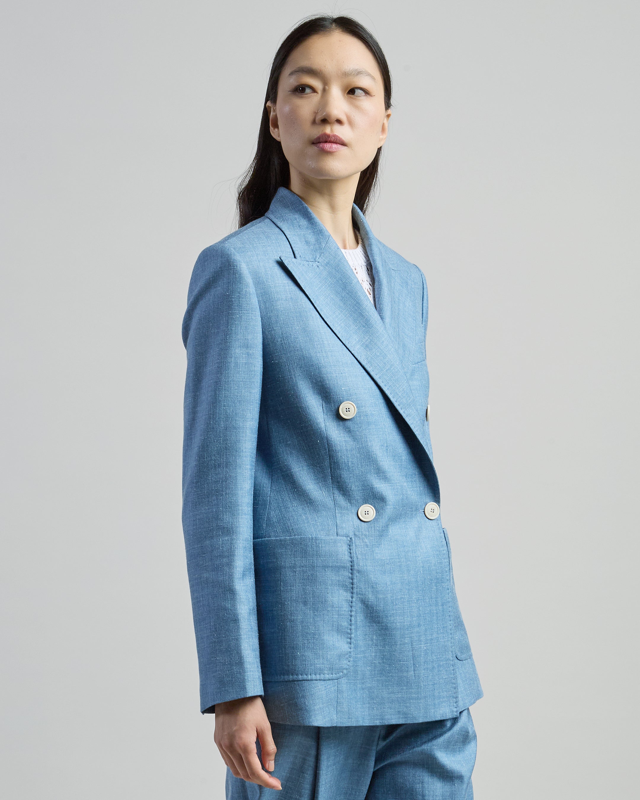 Double-Breasted Wool Silk Linen Herringbone Jacket