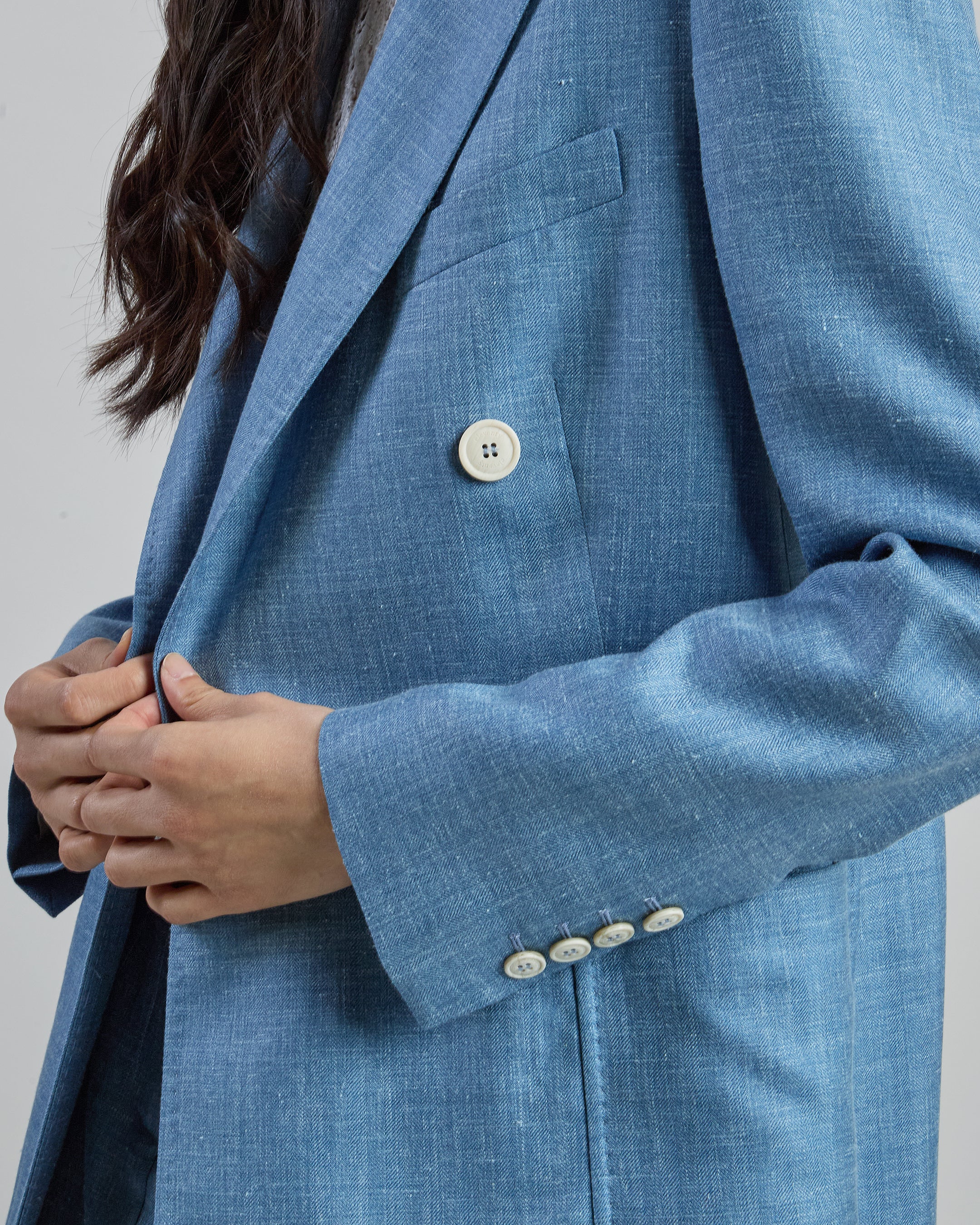 Double-Breasted Wool Silk Linen Herringbone Jacket