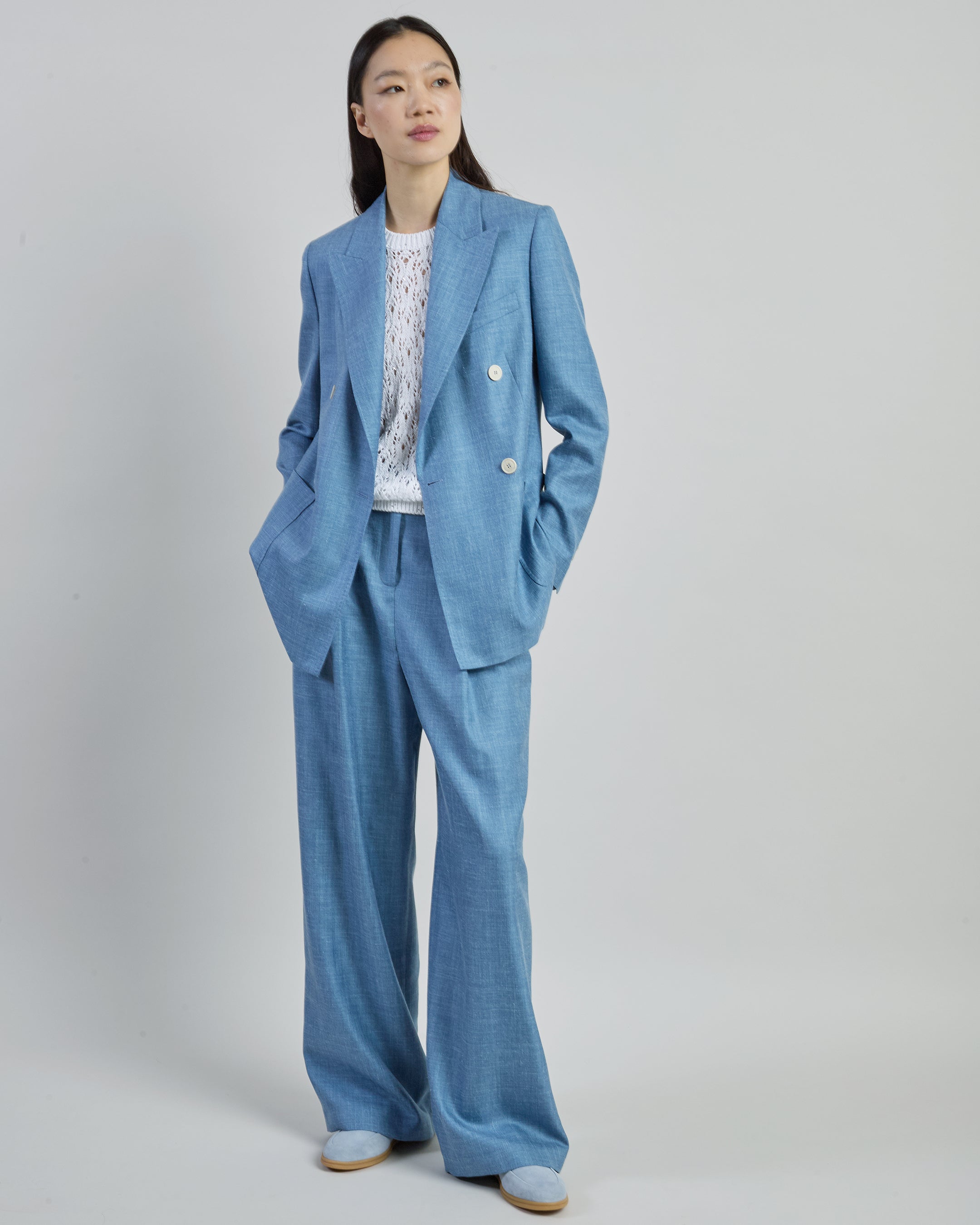 Double-Breasted Wool Silk Linen Herringbone Jacket