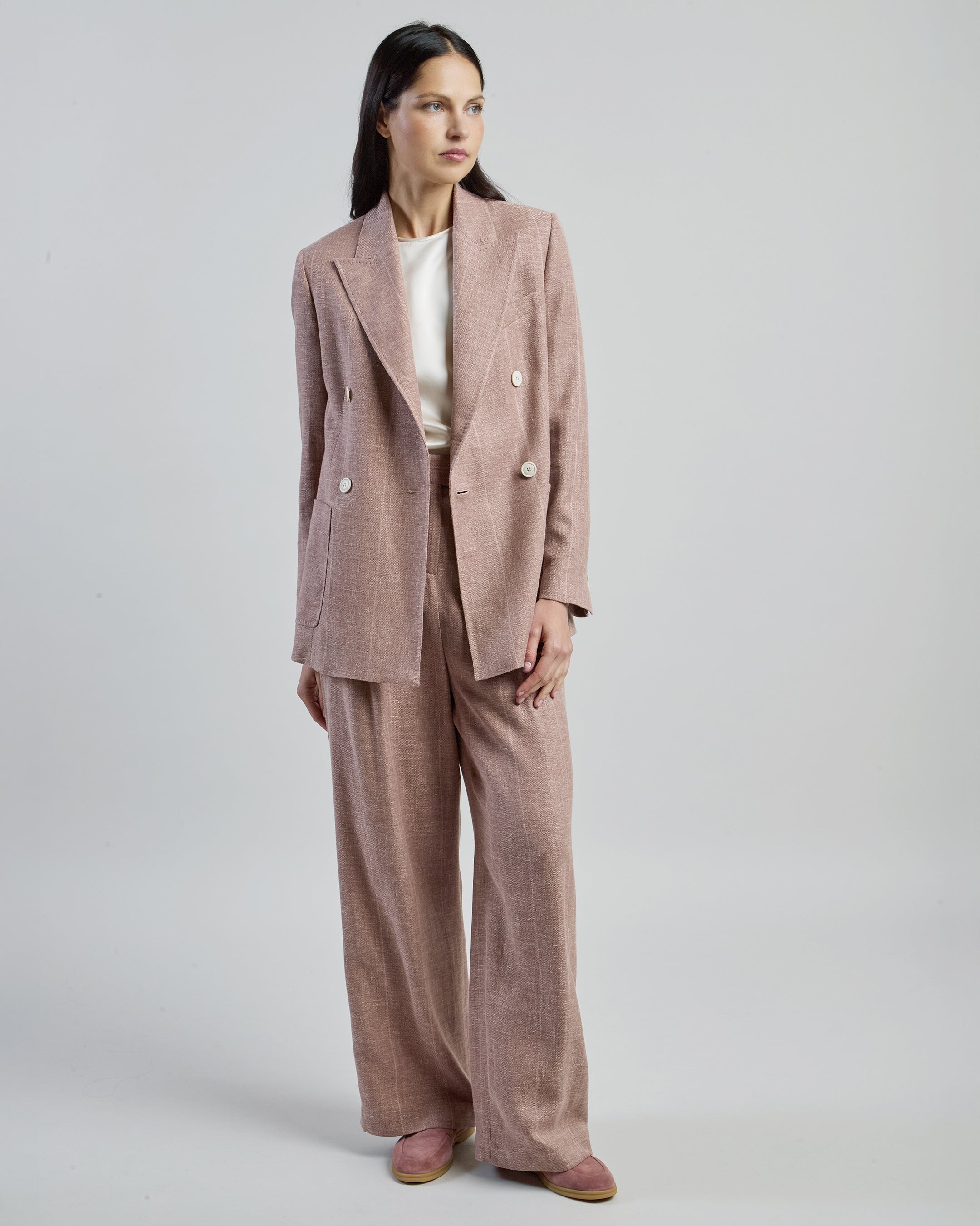 Women's Double-Breasted Linen Wool Silk Pinstripe Jacket