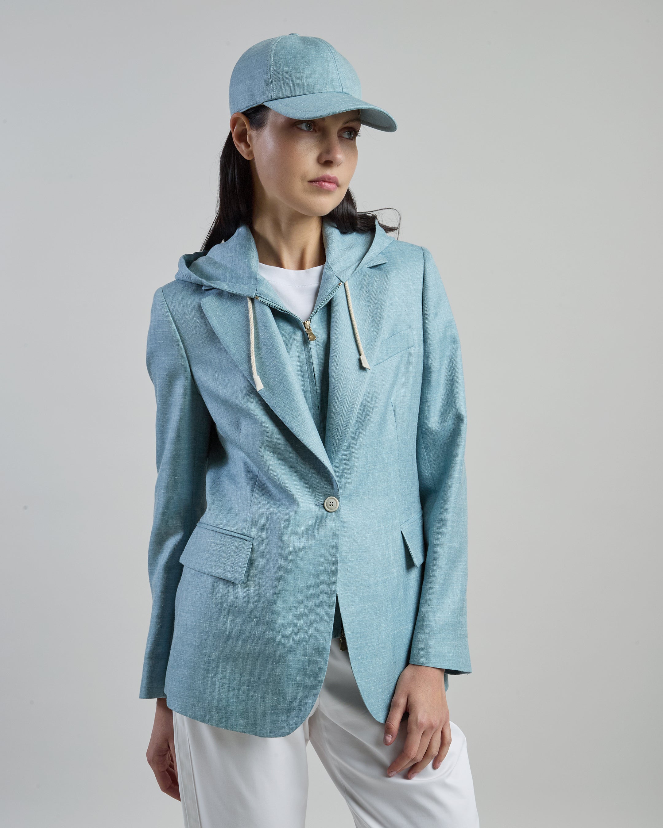 Women's Wool Silk Linen Micro Herringbone Bib Jacket