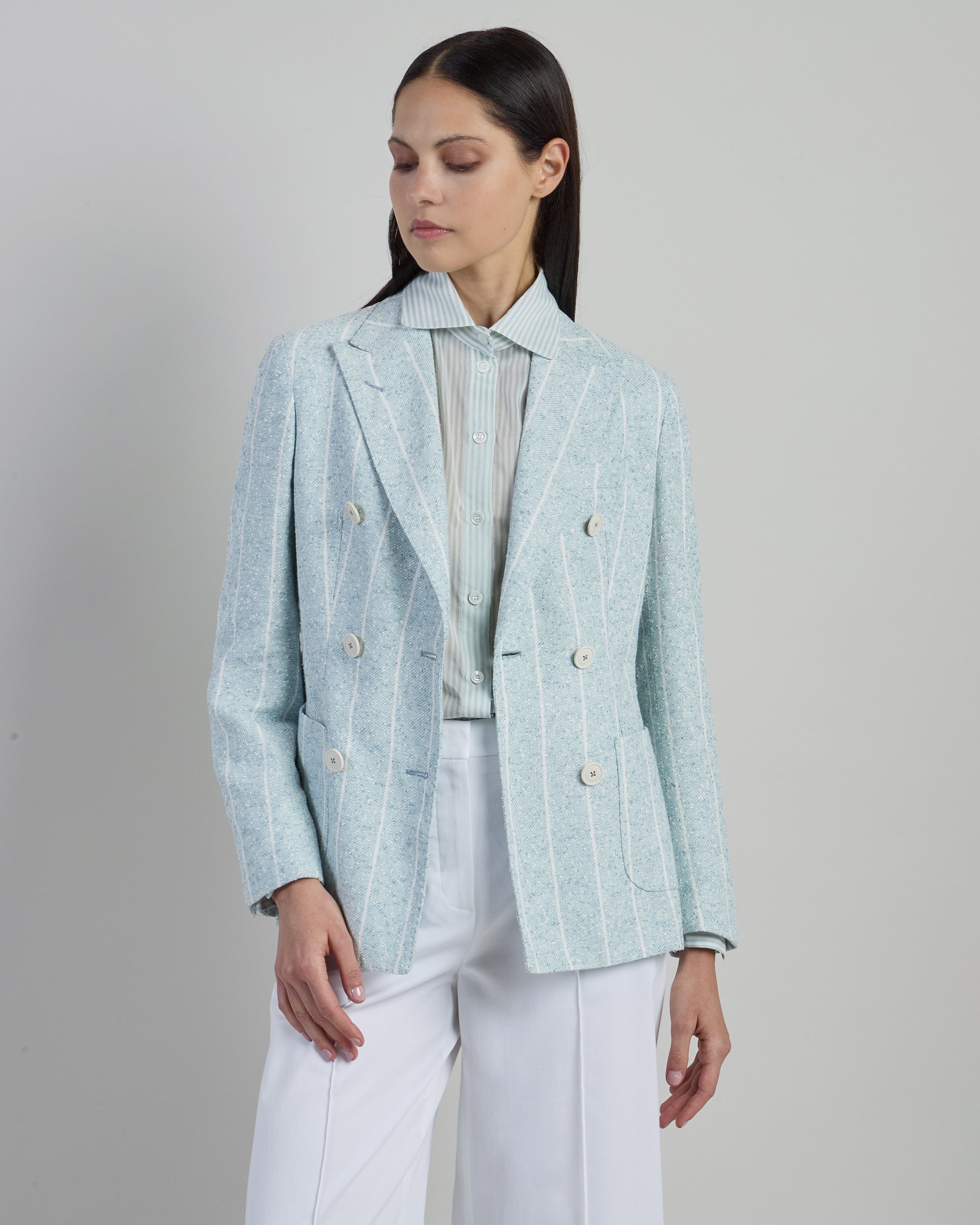 Double-Breasted Pinstriped Linen Jacket with Patch Pockets