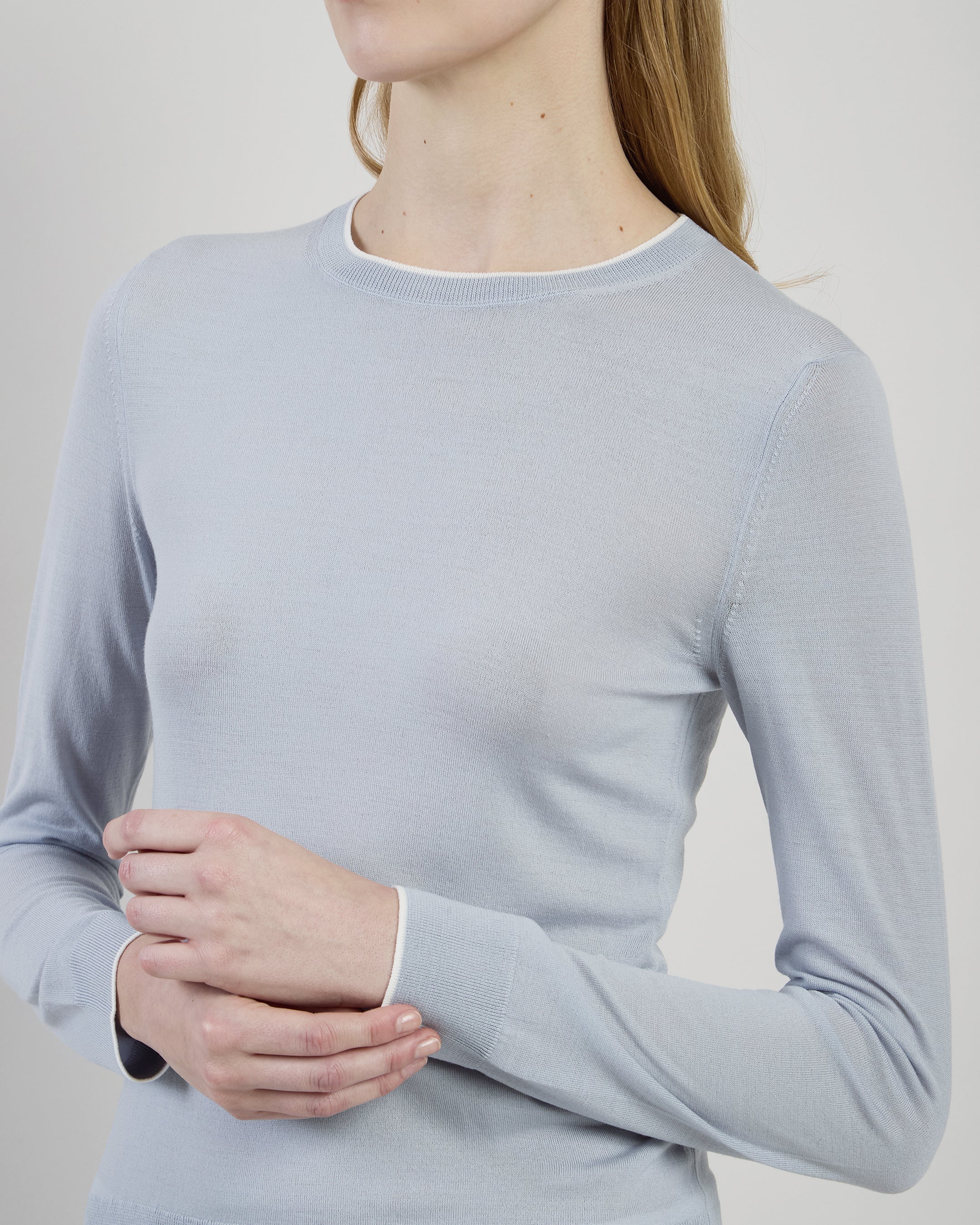 Women's 14-Micron Wool Crew Neck Sweater with Tipping