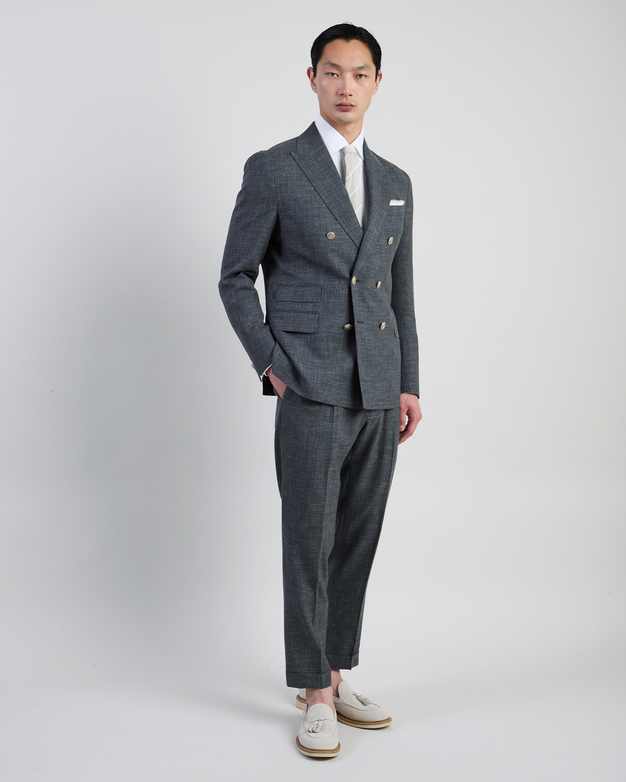 Men's Slim Fit Double-Breasted Wool Silk and Linen Suit