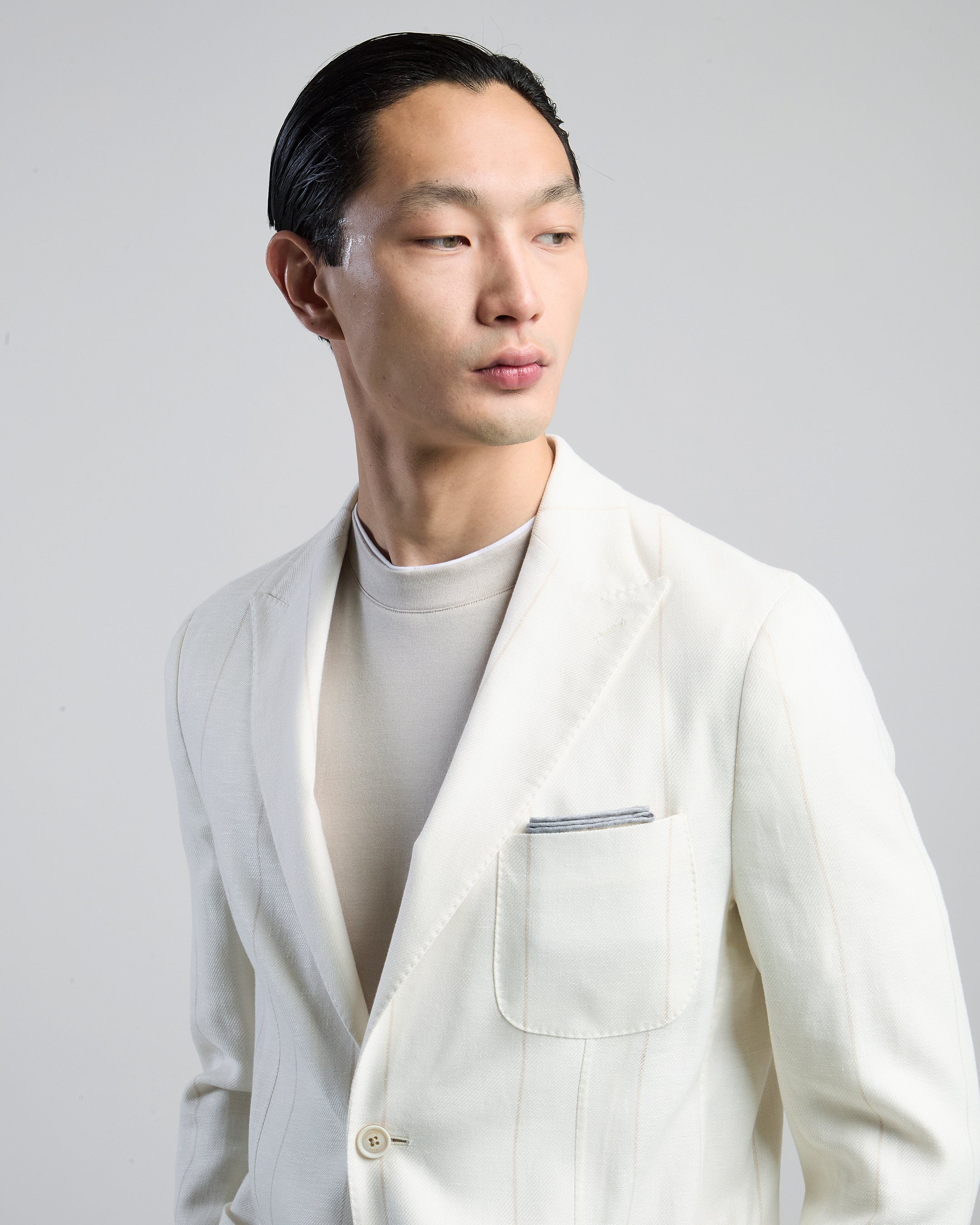 Single-Breasted Pinstripe Suit in Linen Wool and Silk