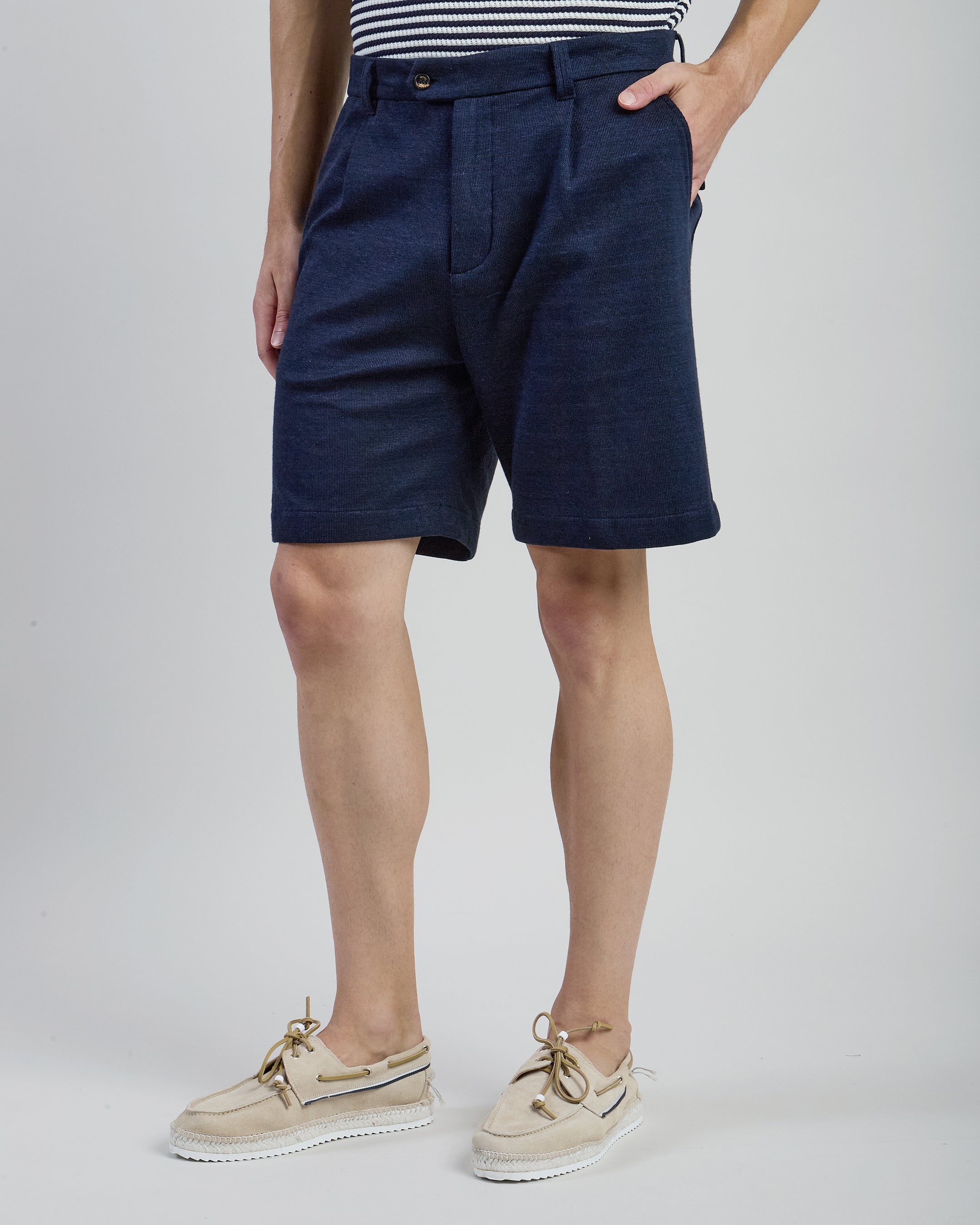 Pleated Linen Cotton and Tencel Jersey Bermuda Shorts