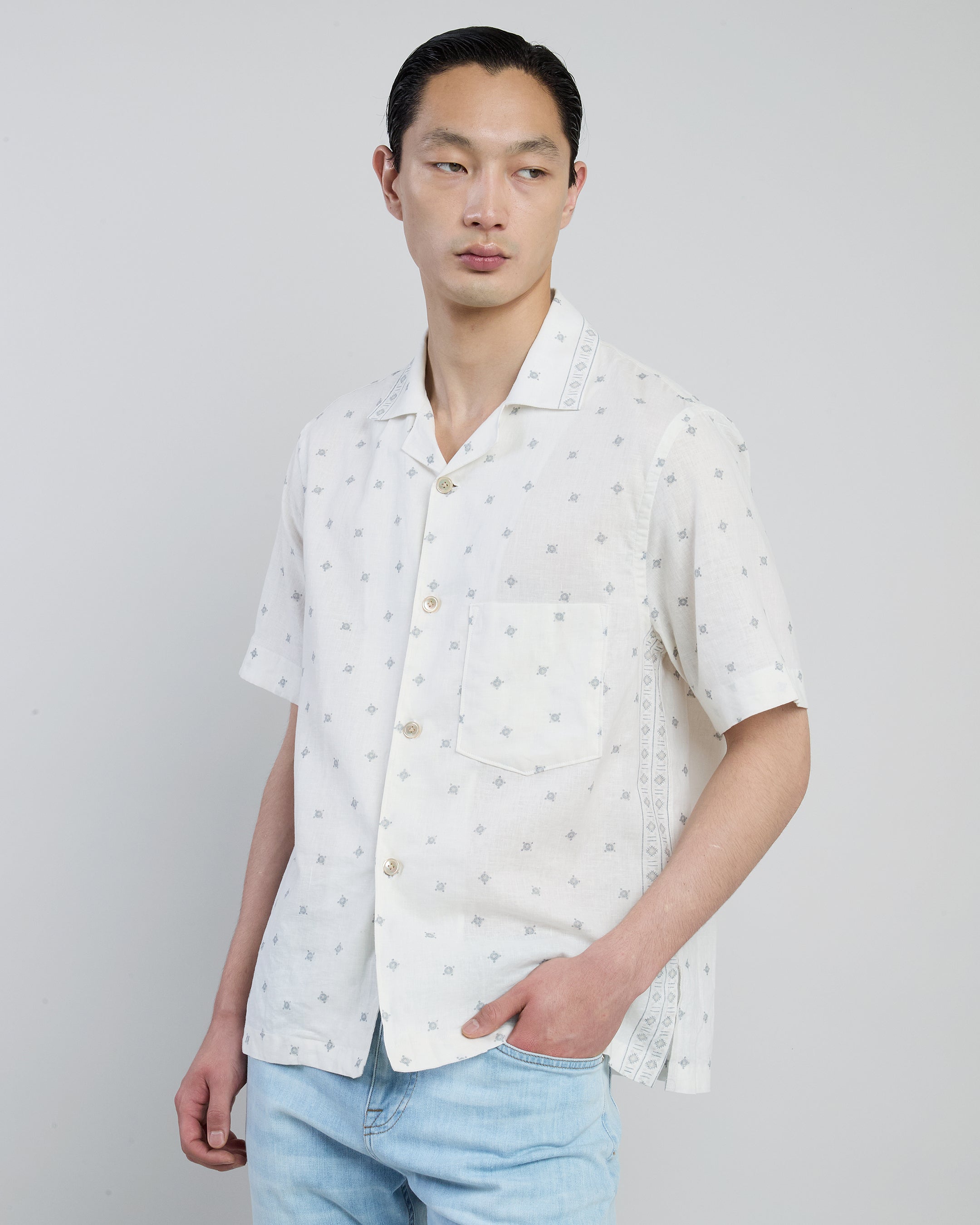 Men's Linen and Cotton Short-Sleeve Bowling Shirt - 1