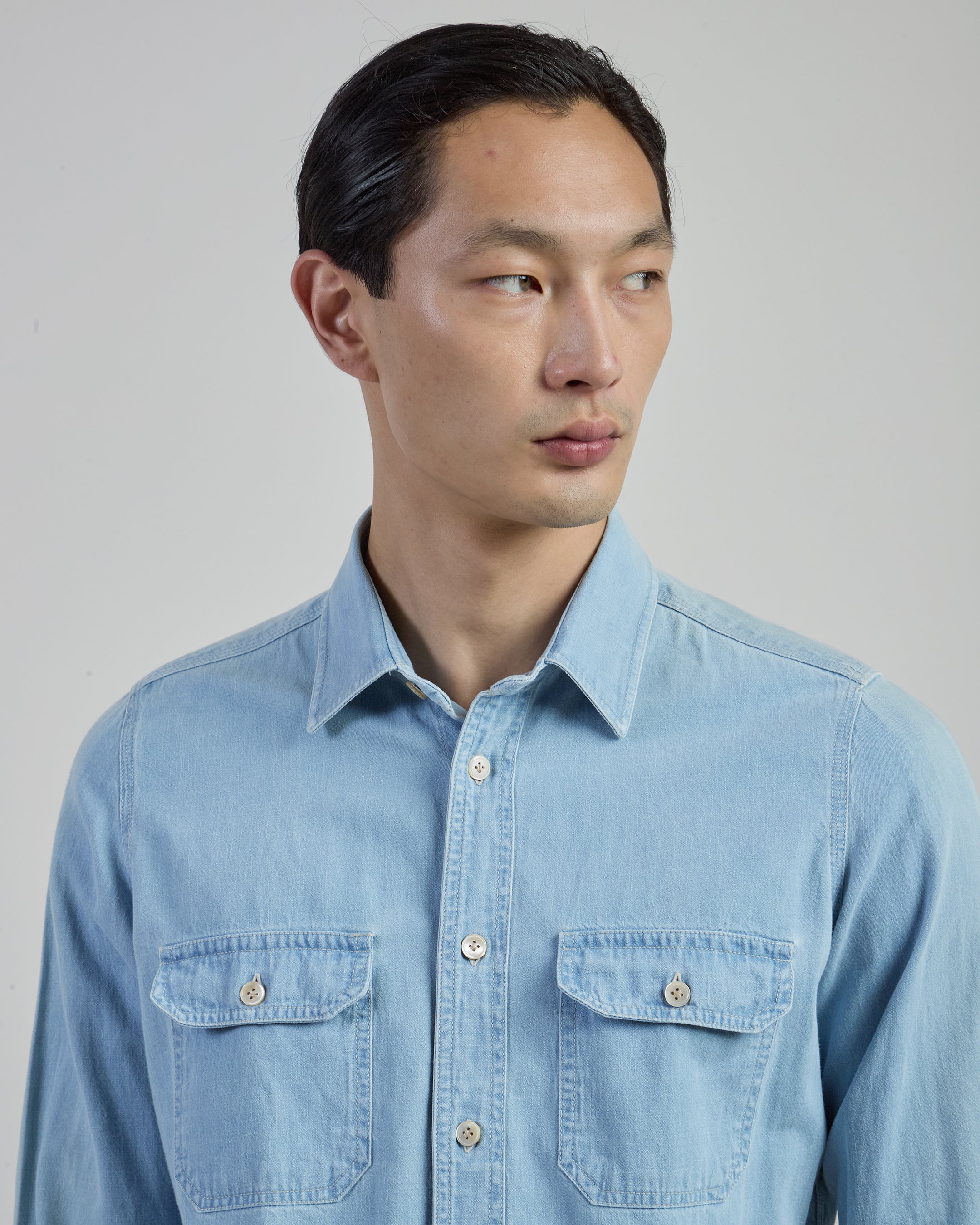 Men's Cotton and Linen Denim-Effect Shirt with Pockets alternative