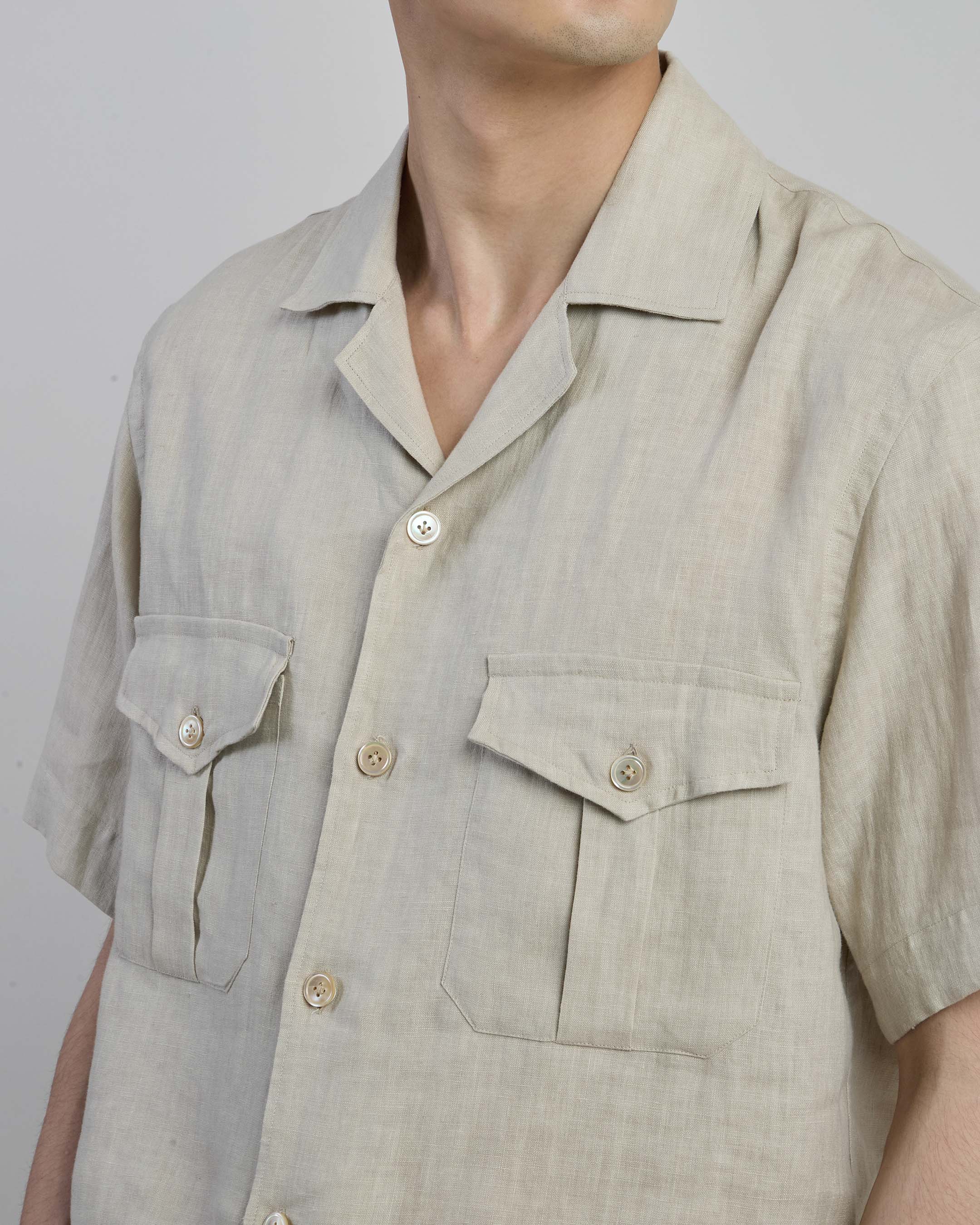 Men's Short Sleeve Linen Shirt with Bowling Collar