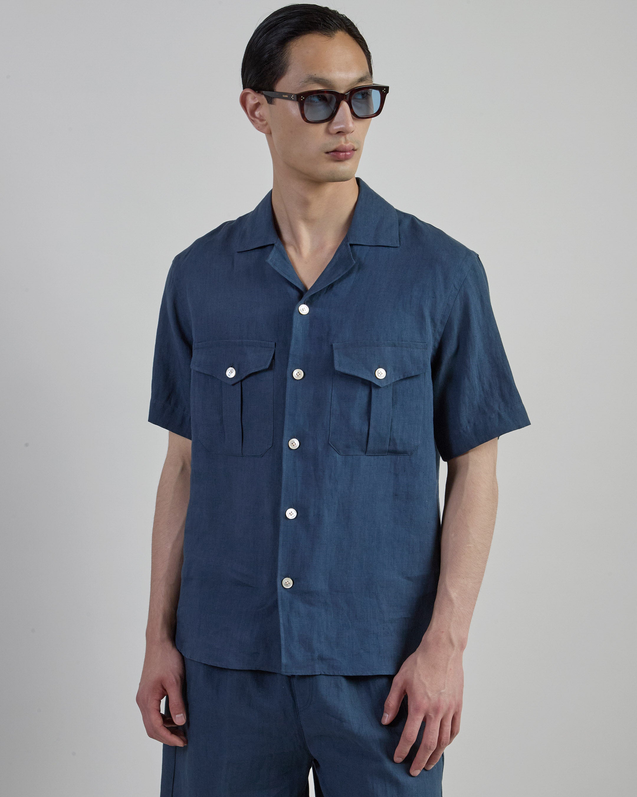 Men's Short Sleeve Linen Shirt with Bowling Collar