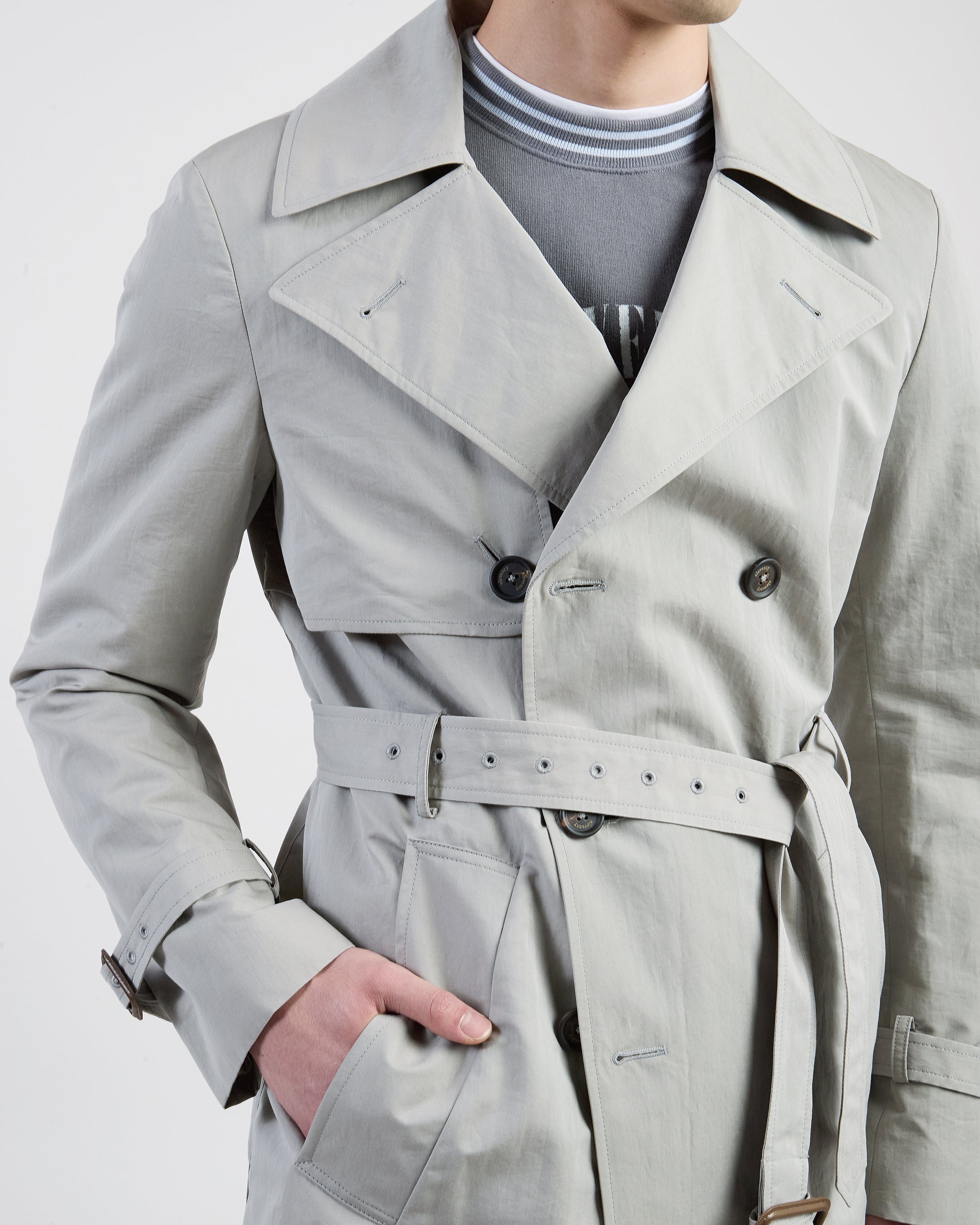 Double-Breasted Cotton and Silk Trench Coat with Belt - 3