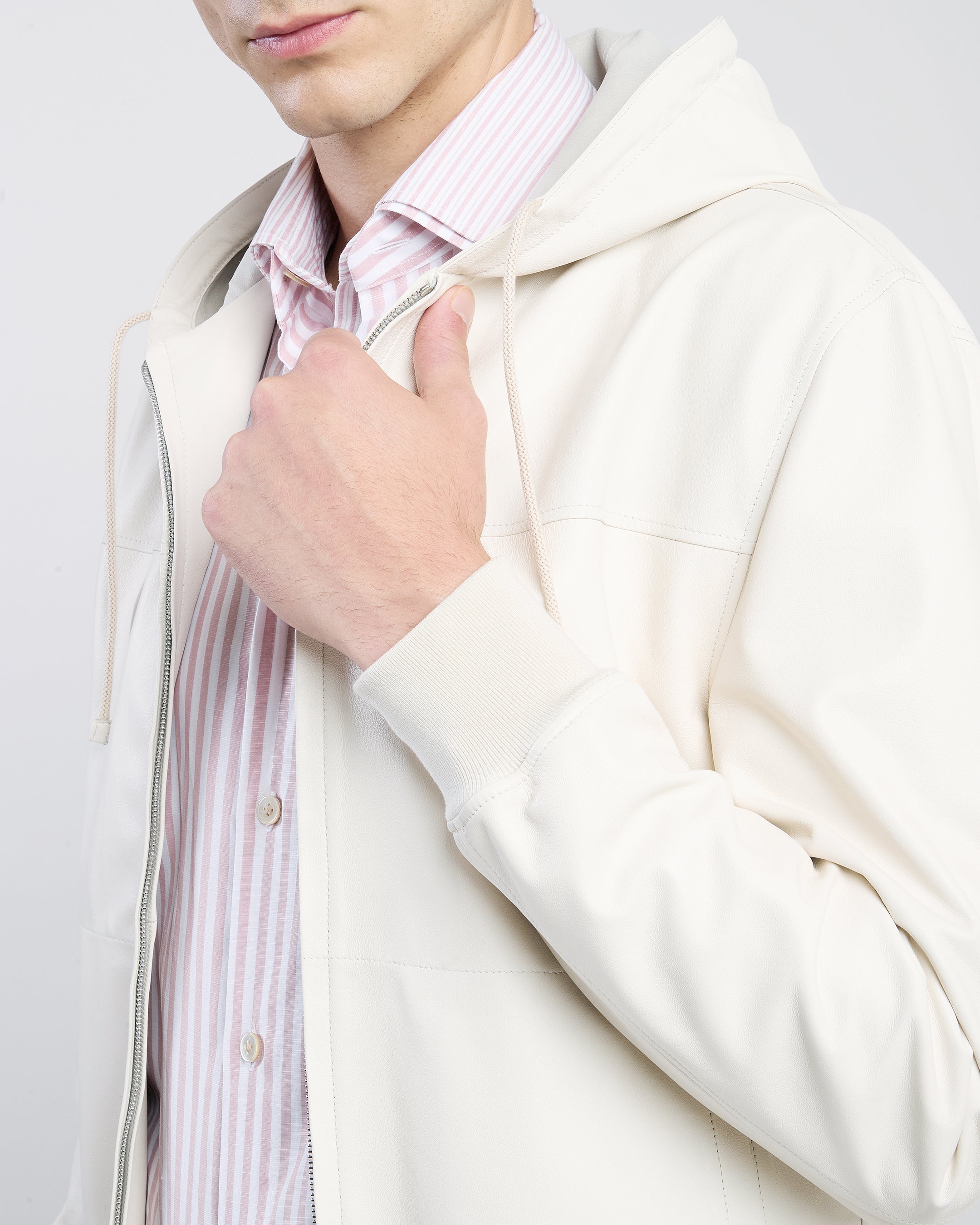 Men's Unlined Nappa Leather Hooded Zip-Up Jacket - 3