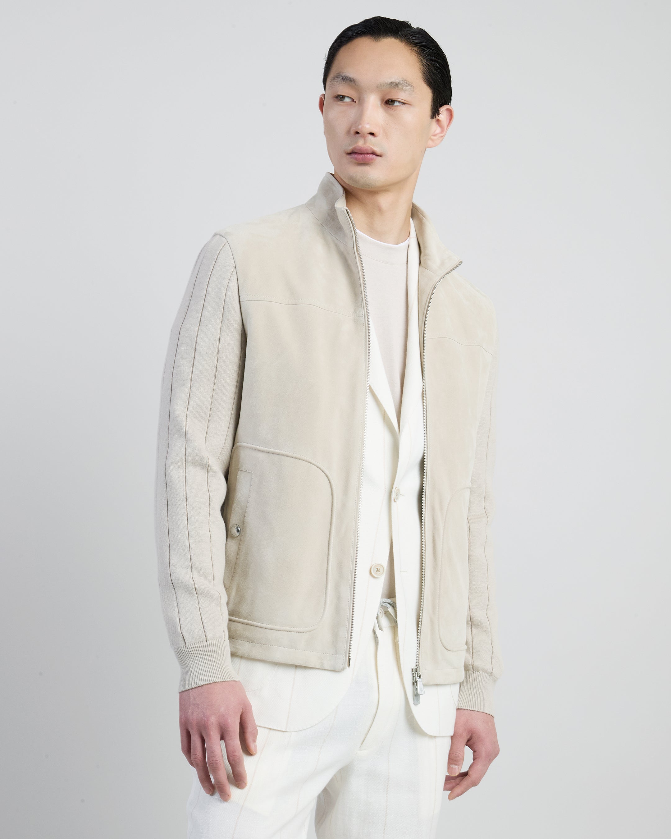 Men's Suede and Ribbed Cotton Knit Hybrid Jacket - 1