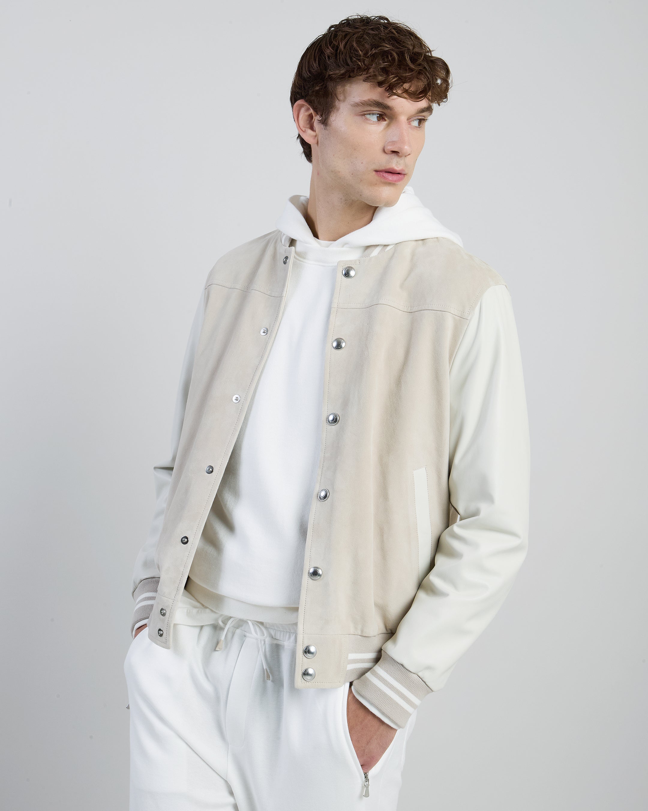 Men's Bi-material Suede and Nappa Leather Bomber Jacket - 5