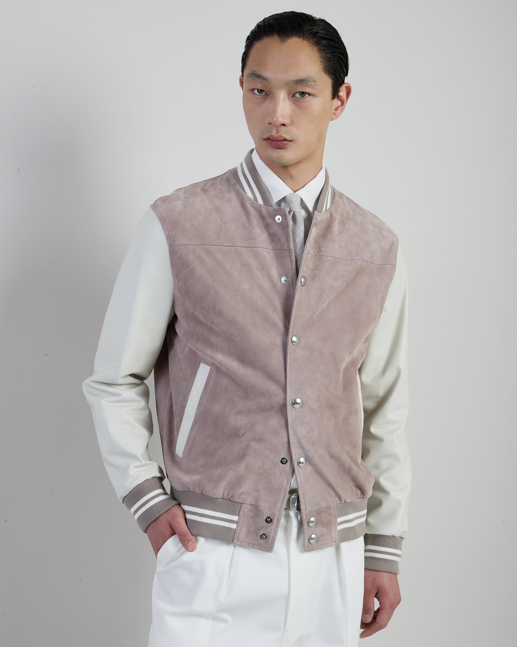 Men's Bi-material Suede and Nappa Leather Bomber Jacket
