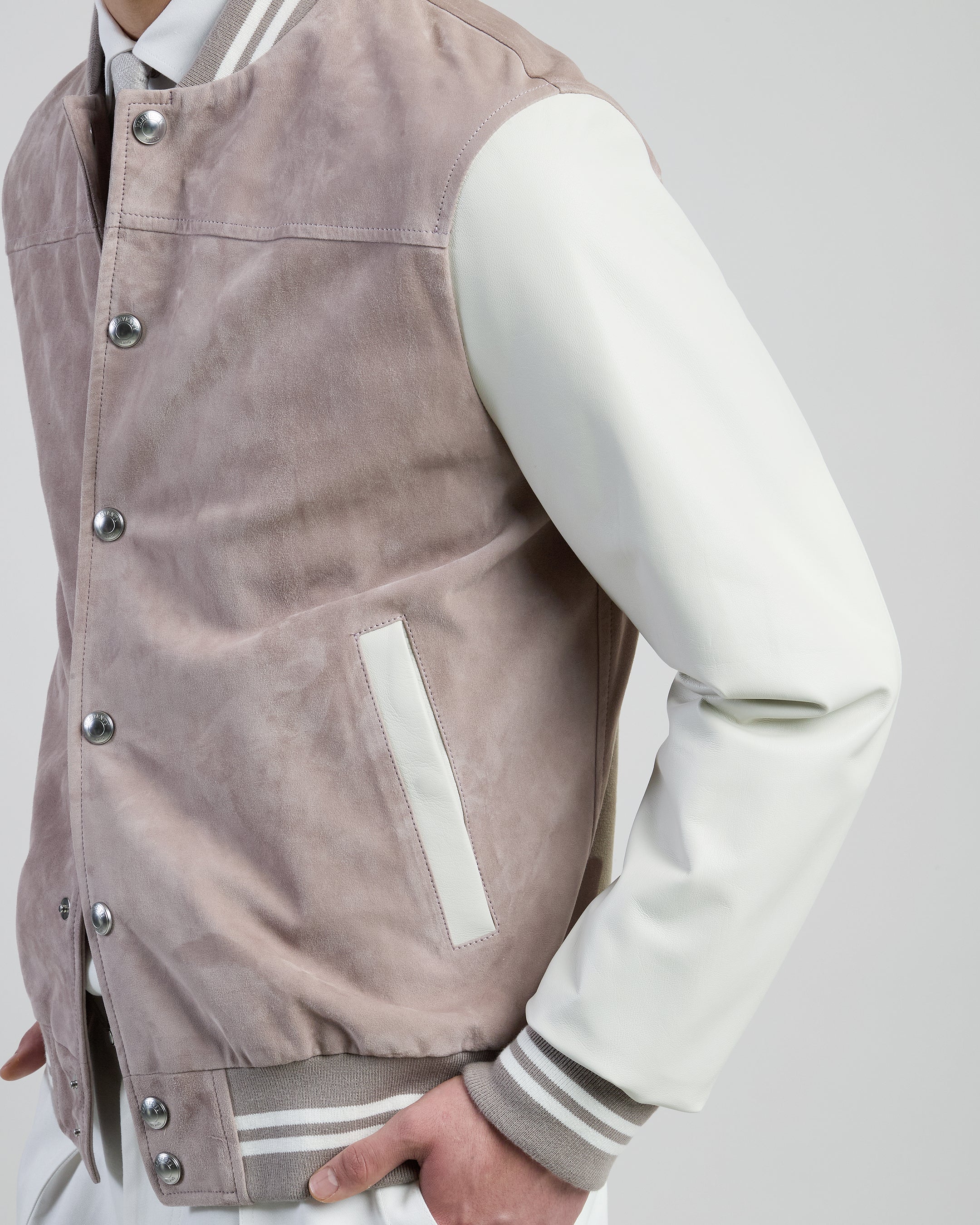 Men's Bi-material Suede and Nappa Leather Bomber Jacket