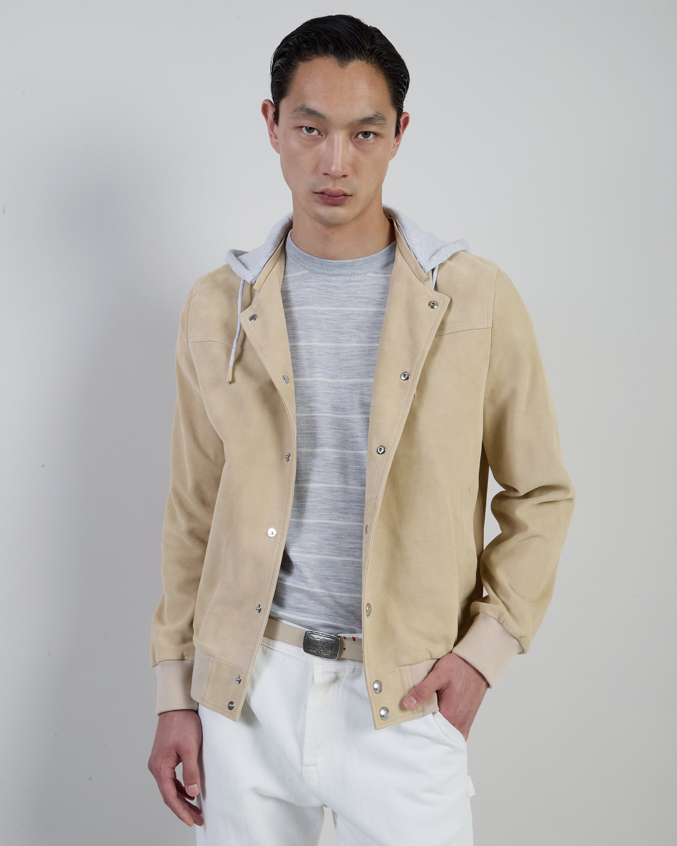 Men's Suede and Jersey Bomber Jacket with Hood - 6