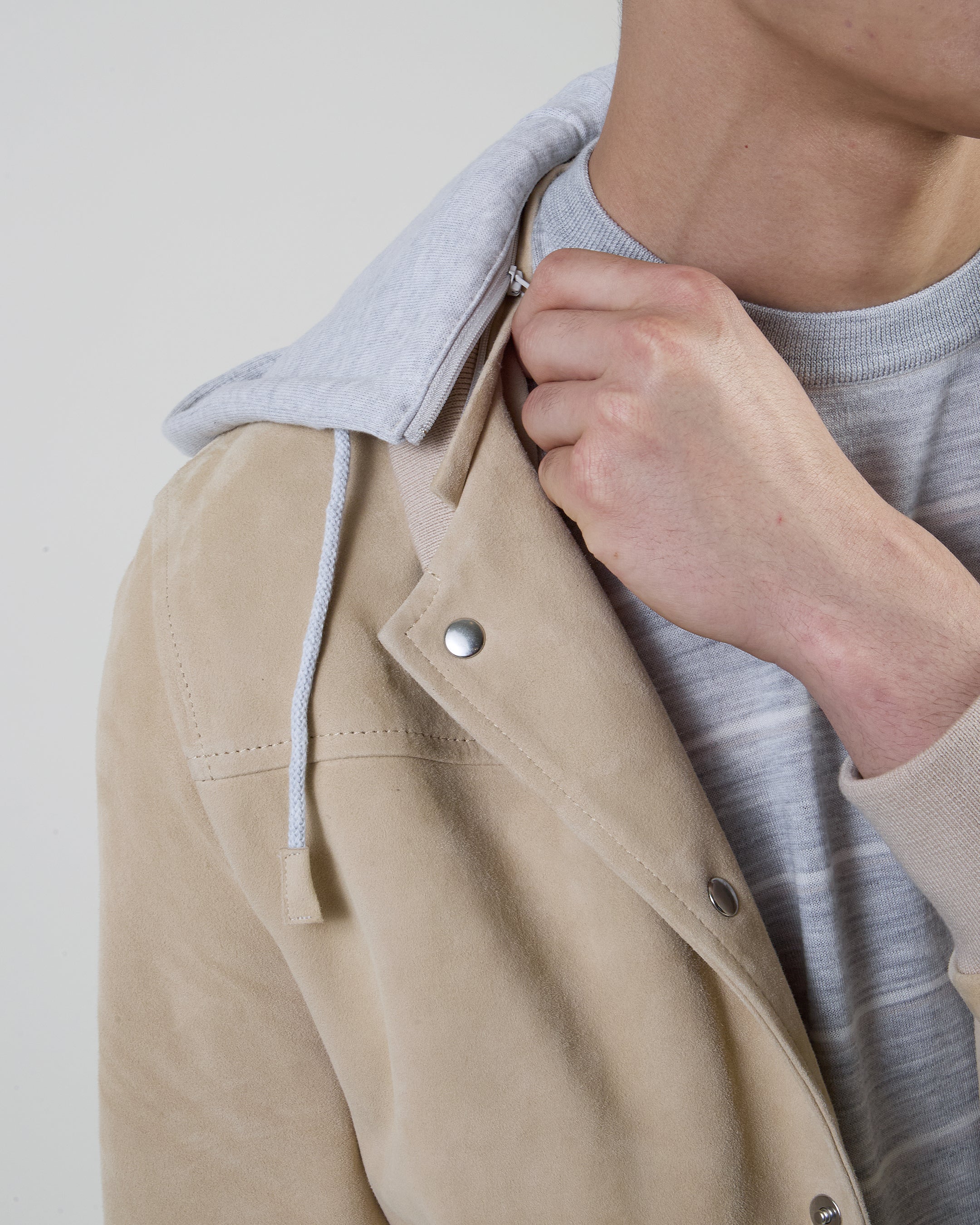 Men's Suede and Jersey Bomber Jacket with Hood