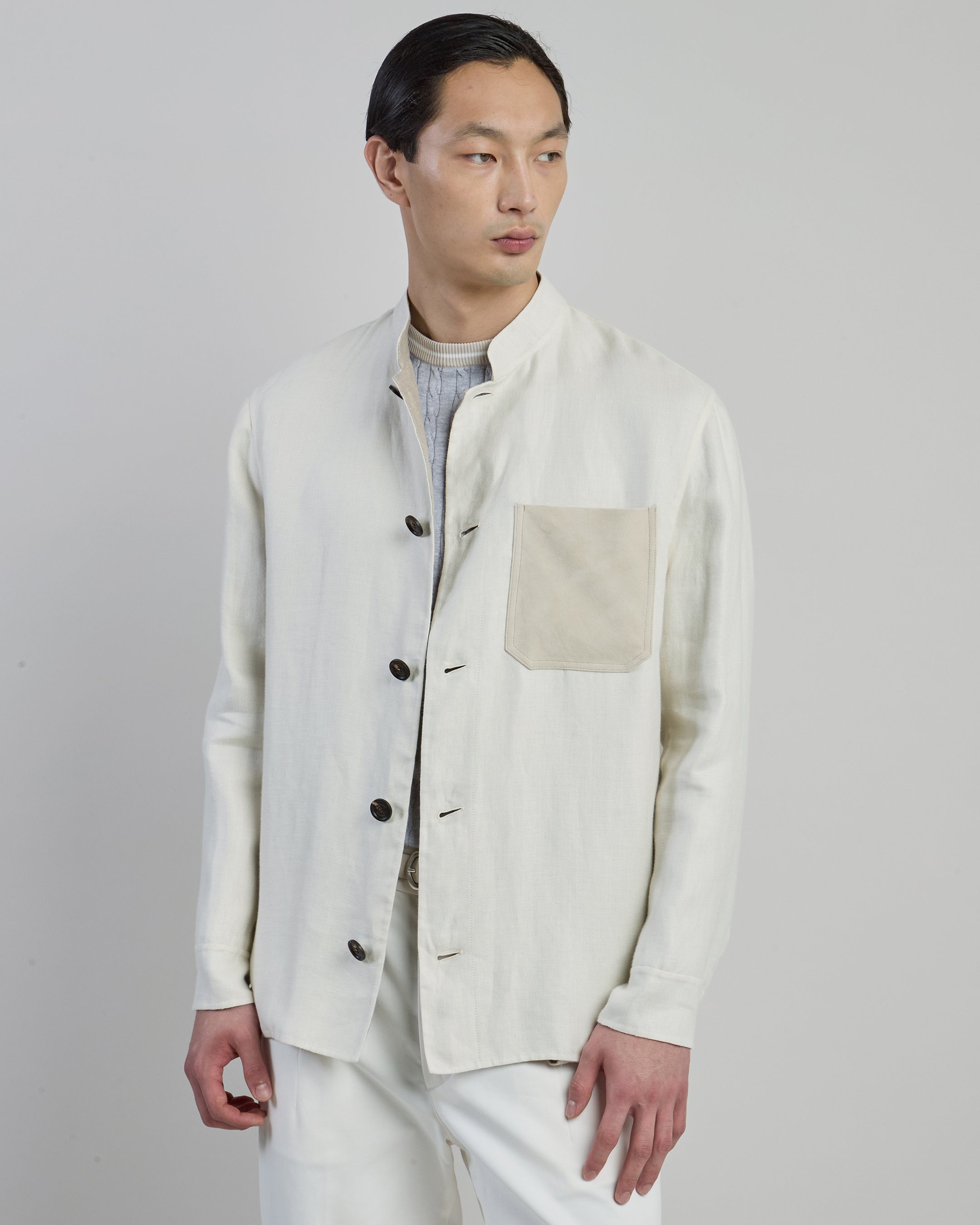 Men's Linen and Silk Overshirt with Suede Pocket - 1