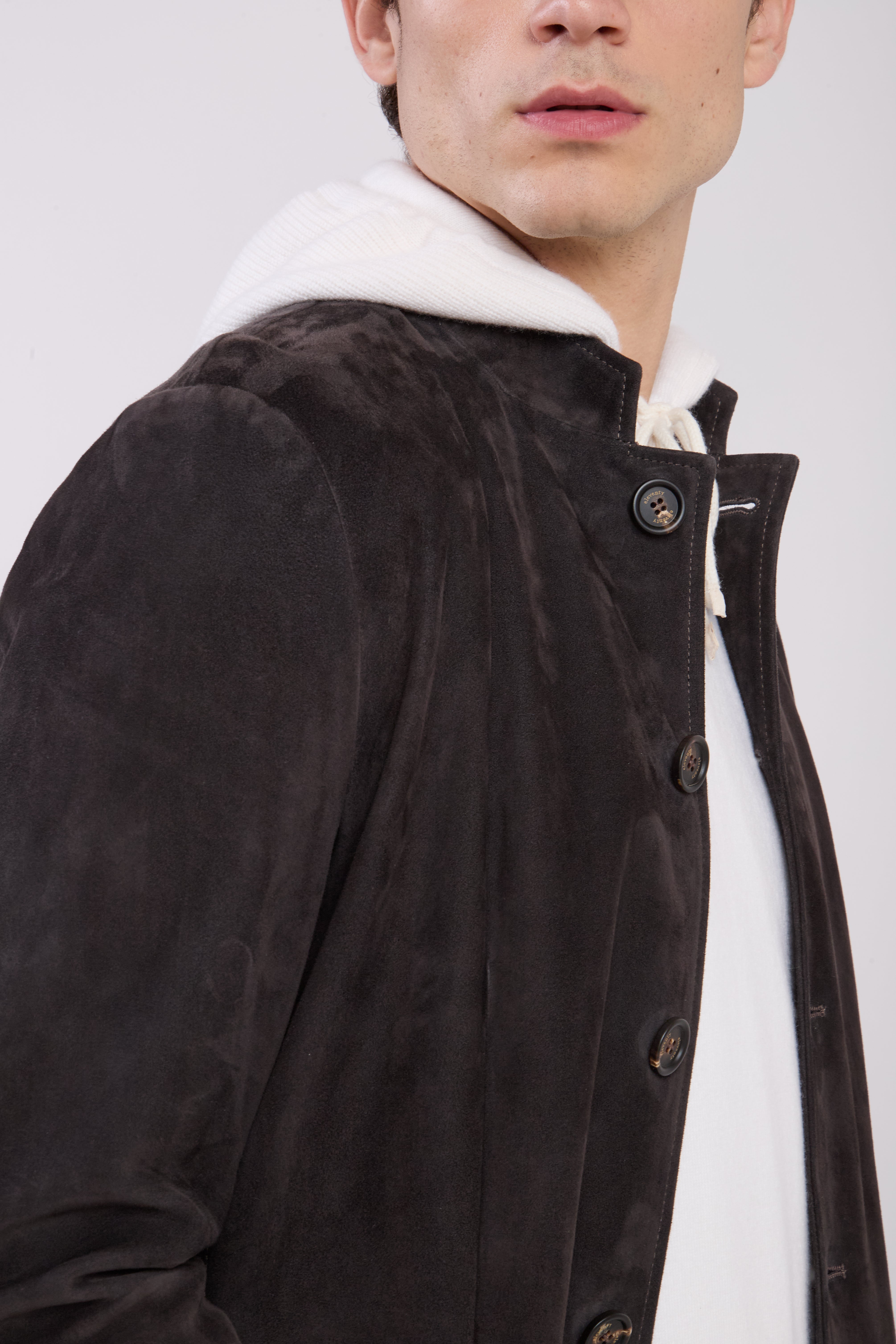 Men's Single-Breasted Resin Suede Jacket with Mock Neck