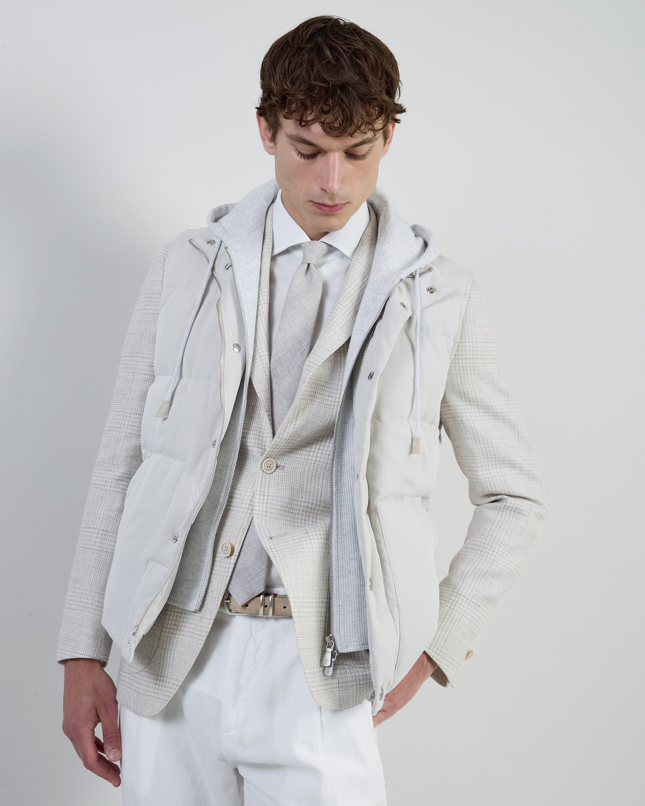 Men's Silk Padded Vest with Detachable Hooded Bib