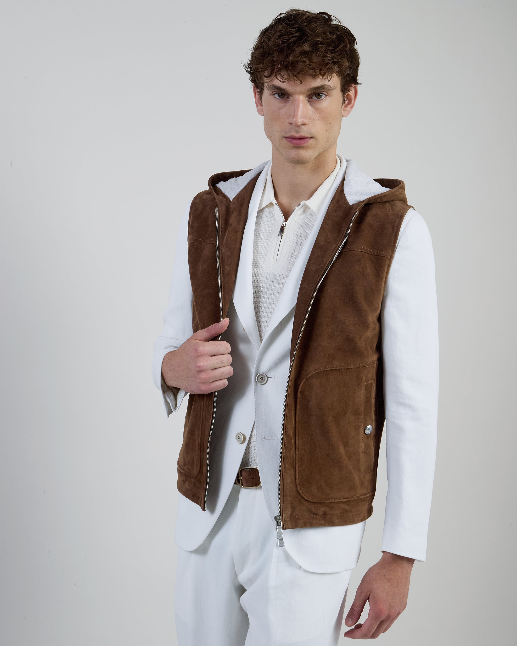 Men's Suede Hooded Vest in Premium Sheepskin Leather
