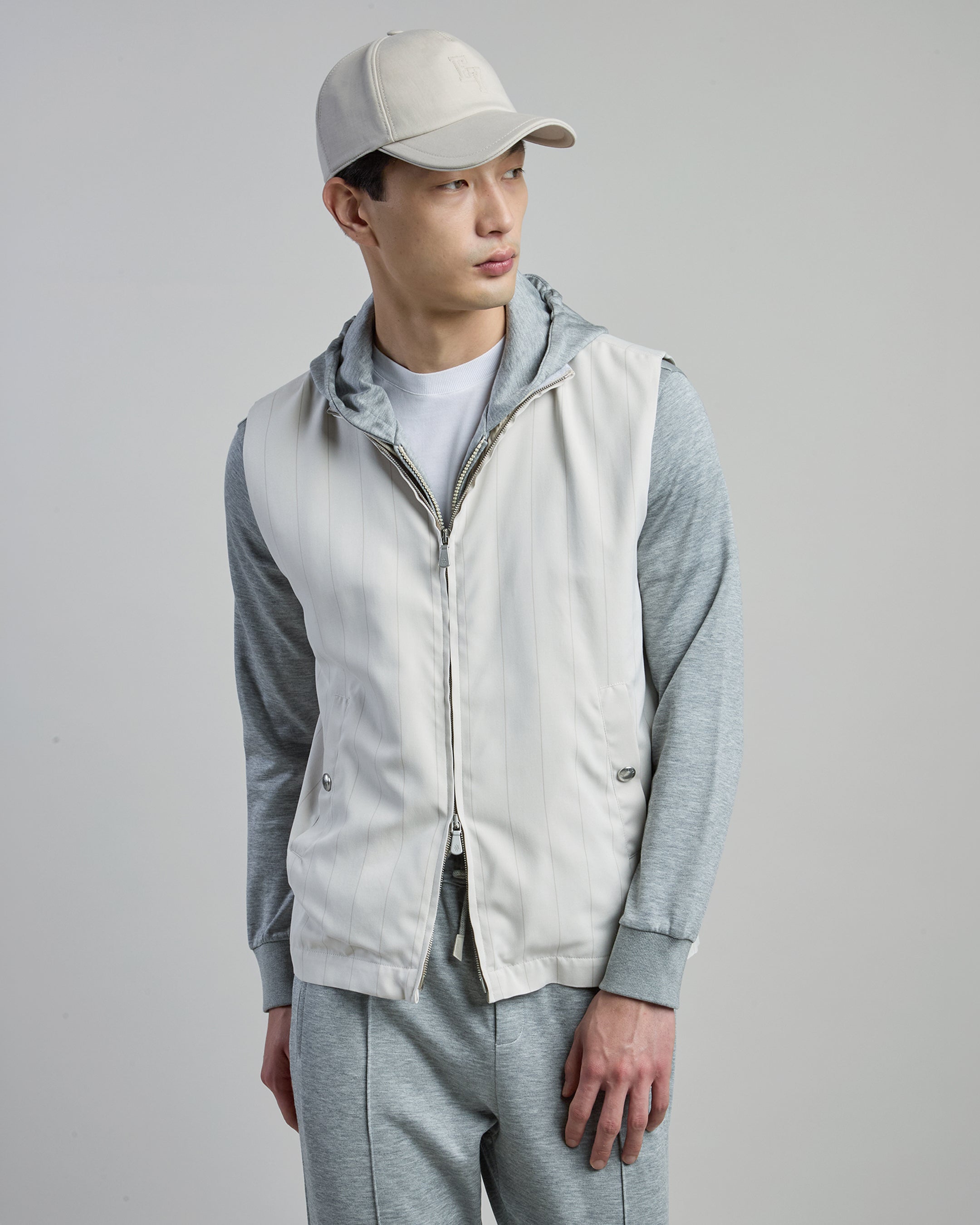 Men's Pinstripe Silk Full-Zip Vest with Stand Collar
