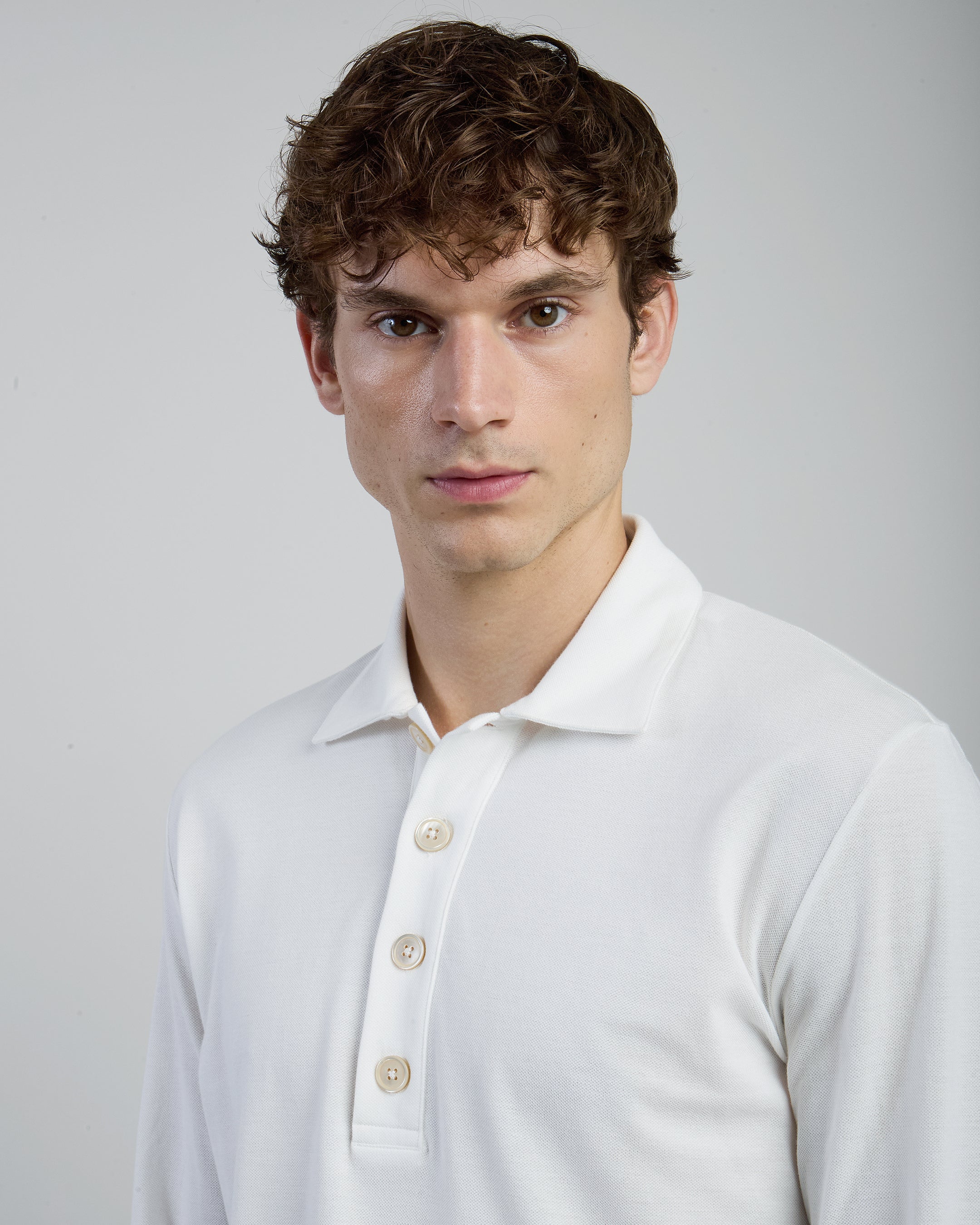 Men's Long Sleeve Cotton Pique Polo with Pearl Buttons