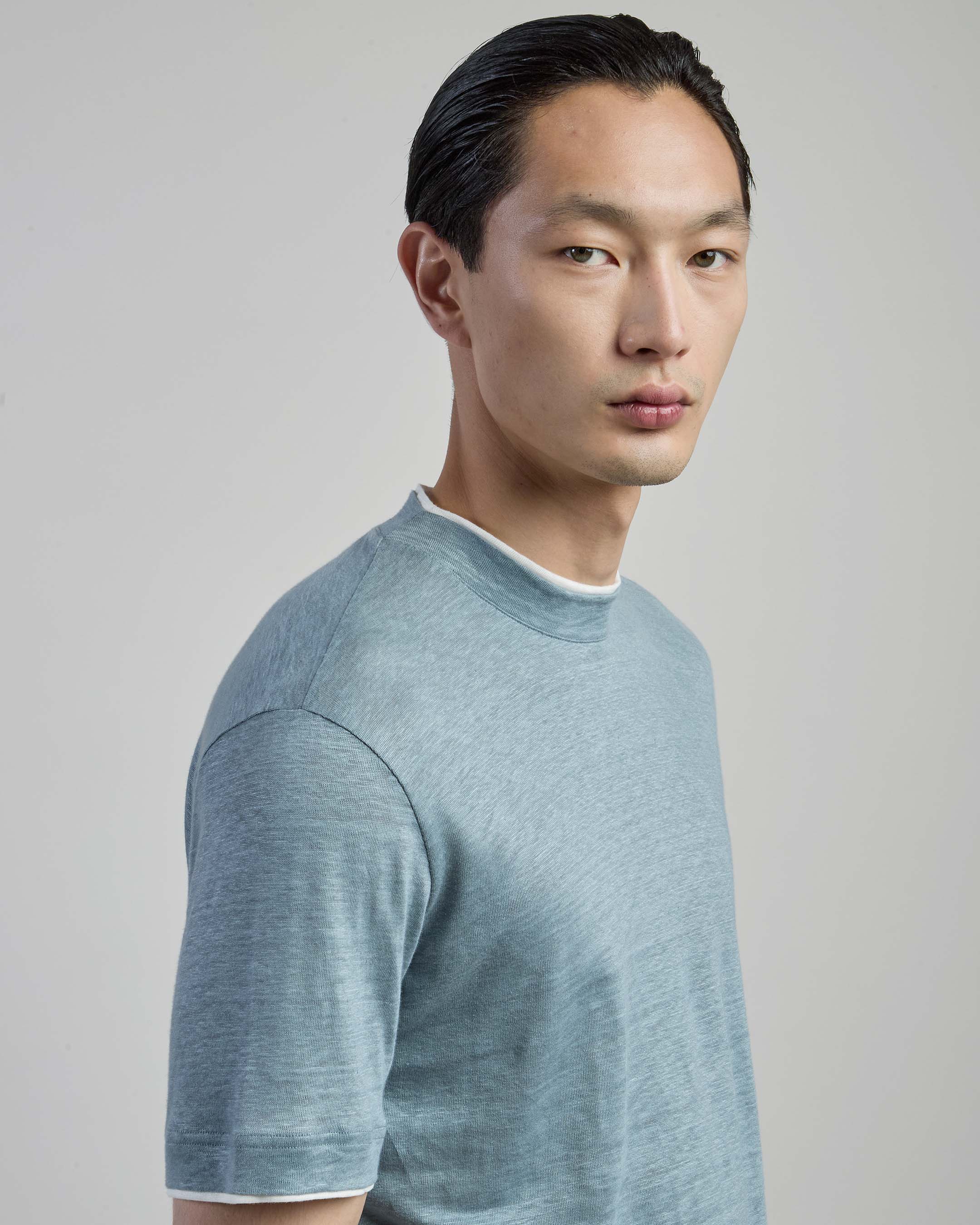 Men's Crew Neck Linen T-shirt with High Collar - 3