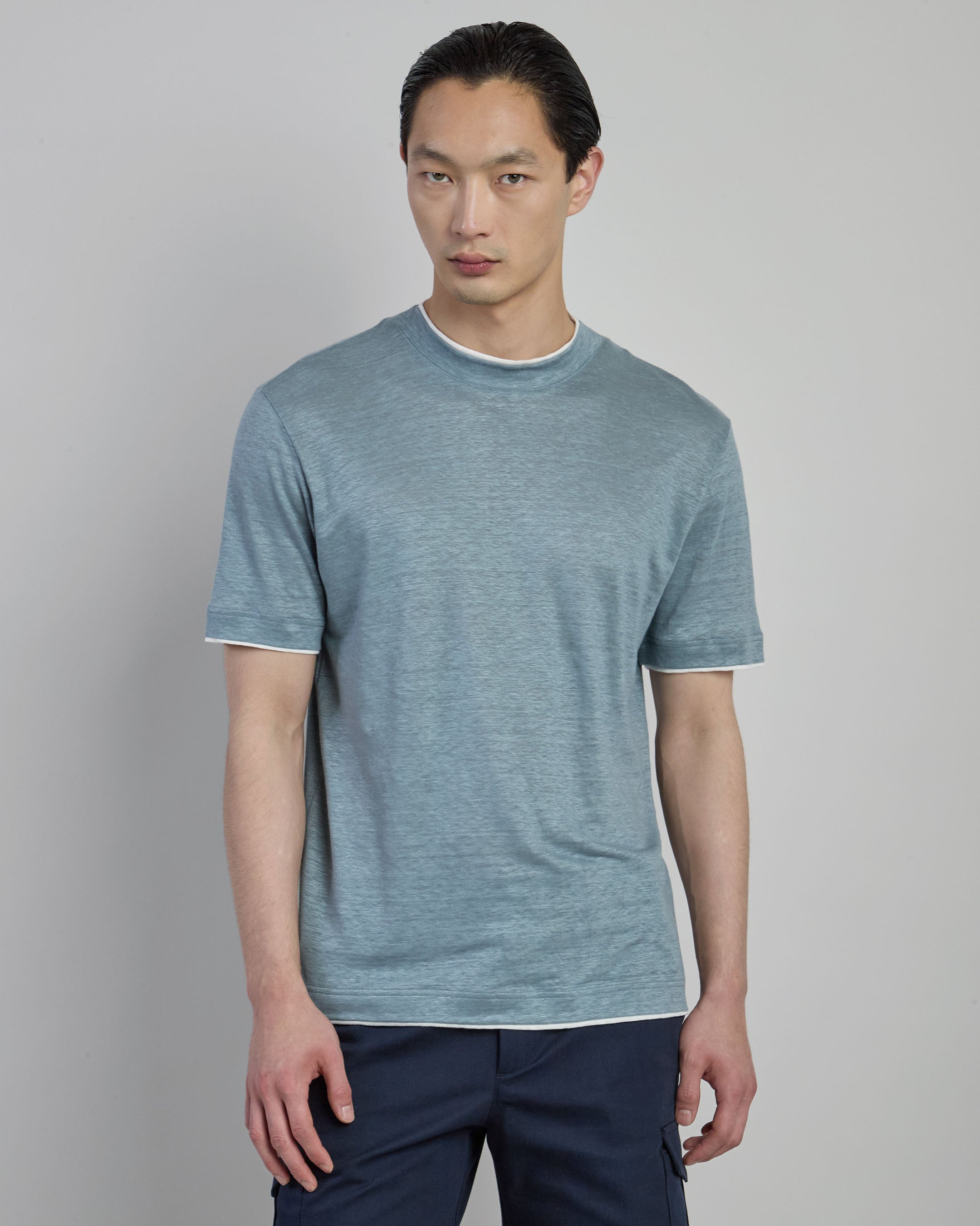 Men's Crew Neck Linen T-shirt with High Collar