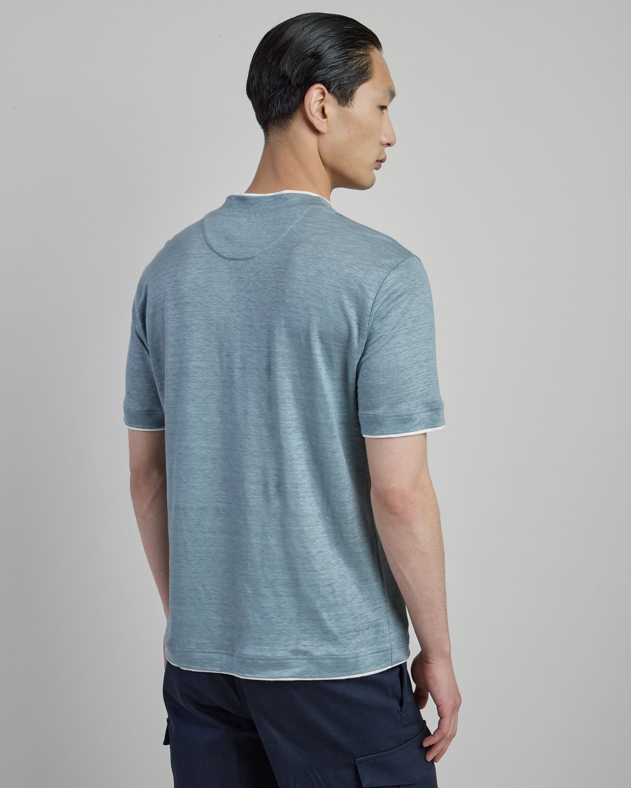 Men's Crew Neck Linen T-shirt with High Collar alternative
