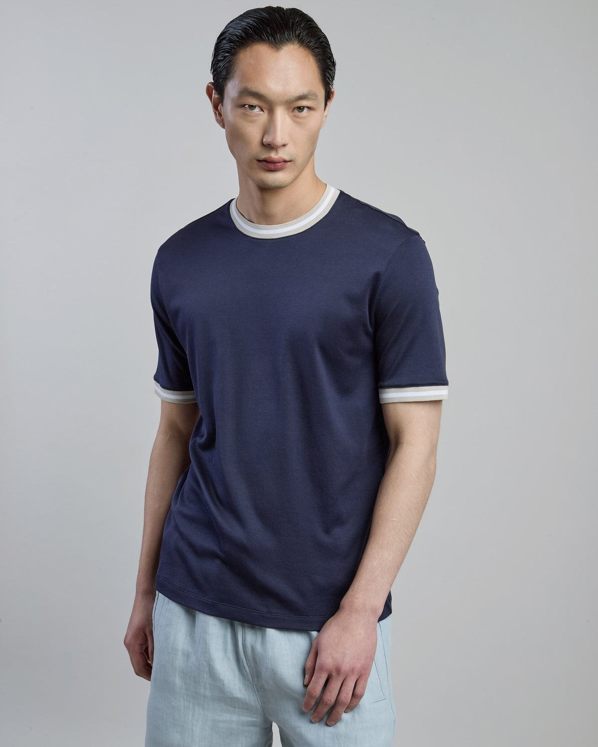 T-shirt Girocollo in Cotone Giza con Bordini da Uomo
