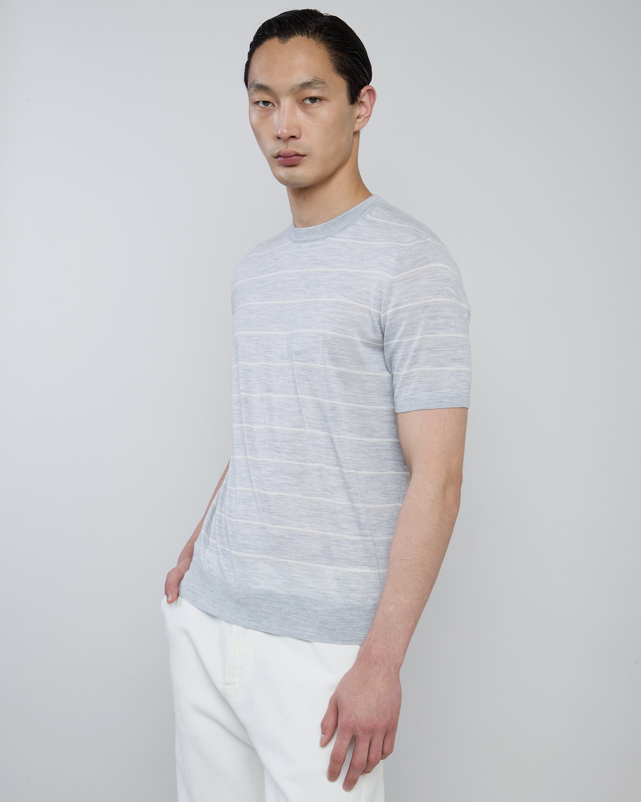 Men's 14 Micron Merino Wool Striped Crew Neck Sweater